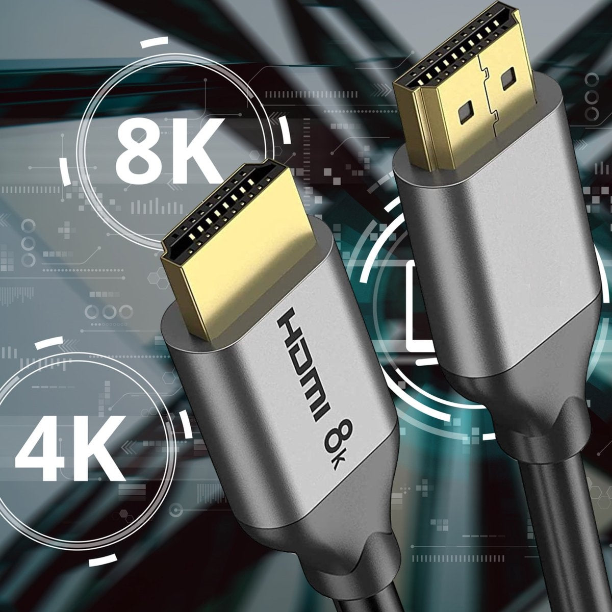 Twee HDMI 8K-kabels met goudkleurige connectoren. De kabels zijn zilver en zwart, met 4K en 8K graphics op de achtergrond.