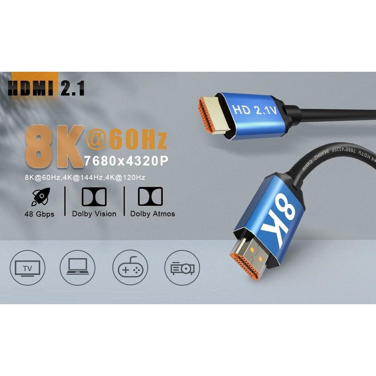 Image shows an HDMI 2.1 cable with 8K resolution, blue and black cable, with specifications listed. 
