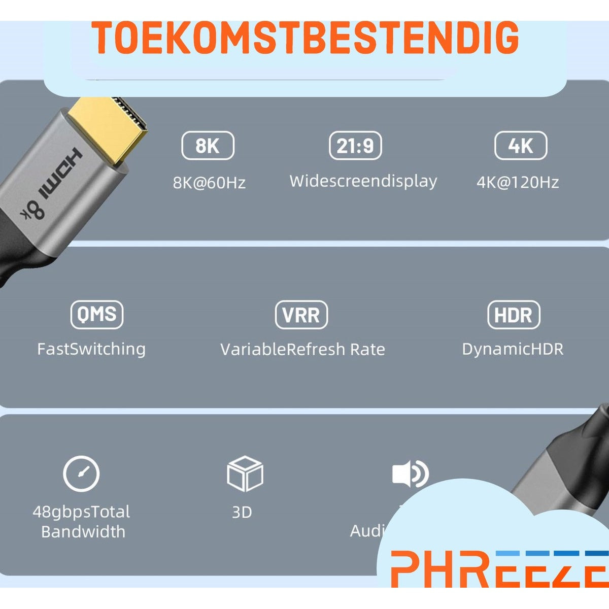 Afbeelding toont een HDMI-kabel met 8K, 21:9 en 4K specificaties. Tekst bevat functies zoals FastSwitching, VRR, HDR en 48gbps bandbreedte.