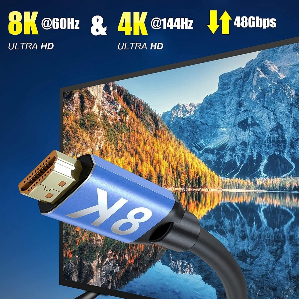 HDMI cable with 8K and 4K Ultra HD specs, a blue cable with 'X8' on it. A background shows a lake scene with mountains.