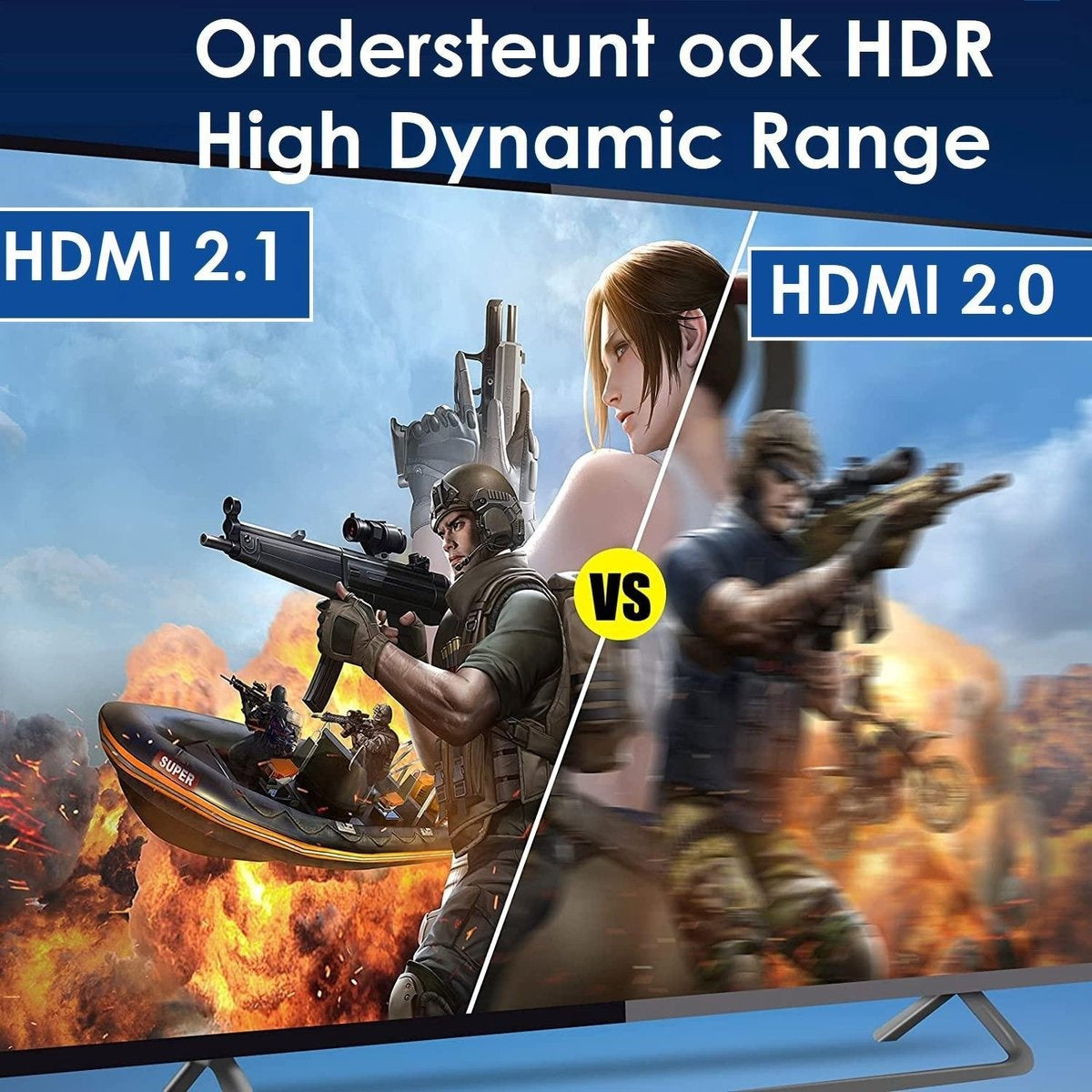Image compares HDMI 2.1 and 2.0. Action scene with soldiers, explosions, and a woman's face. Text: 'Ondersteunt ook HDR High Dynamic Range'.