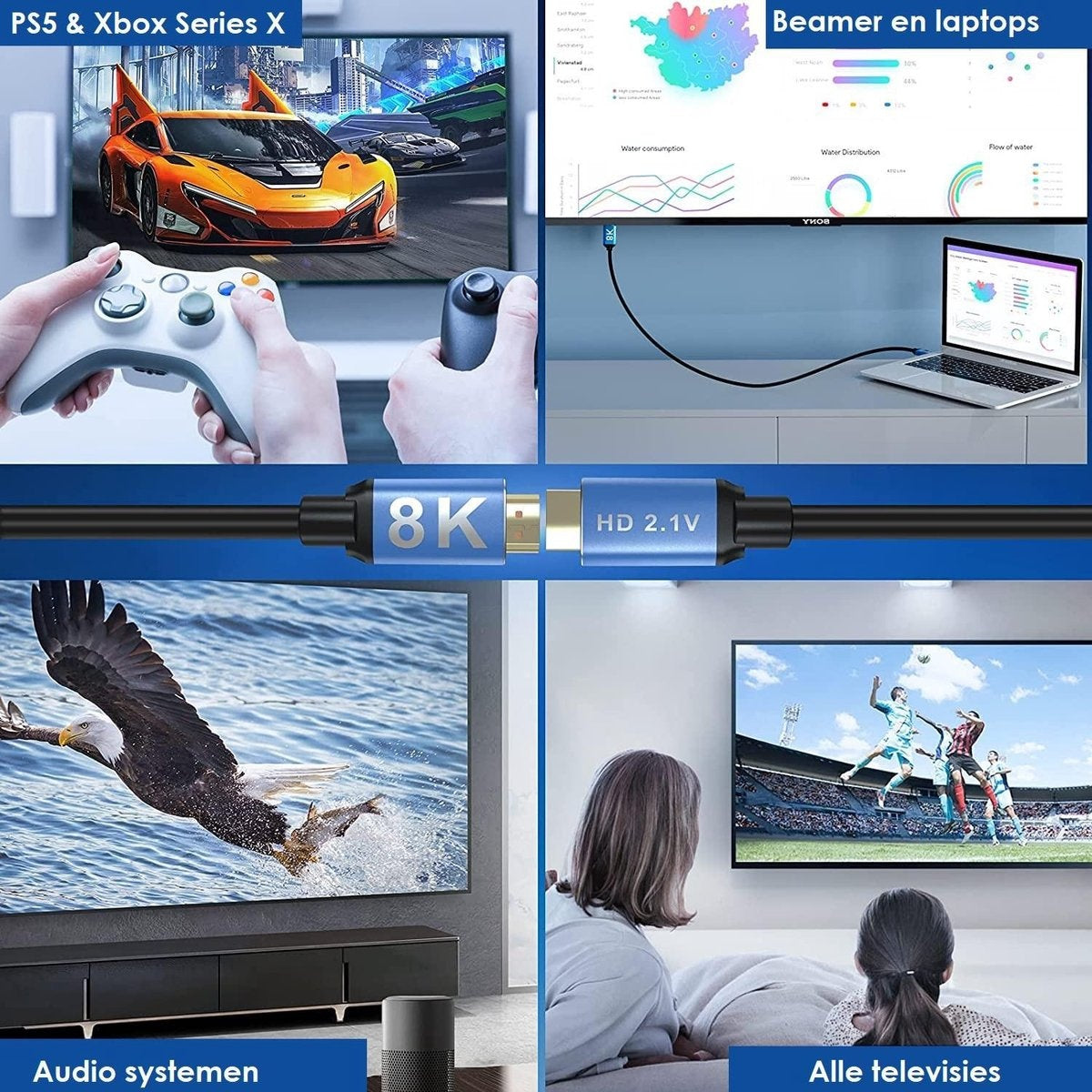 Collage showing gaming, data analysis, a cable, and people watching TV. Includes a car racing game, charts, a TV cable, and people watching sports.