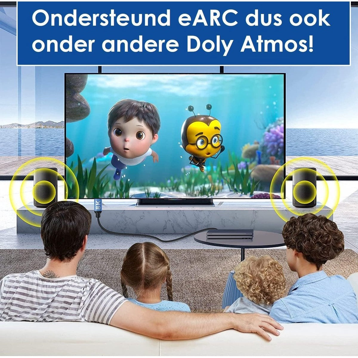 Family watching TV. Animated characters on screen. Speakers on the sides. Blue banner with text above TV. Living room setting.