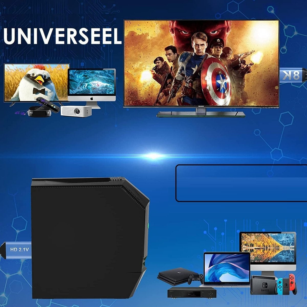 A promotional image shows a TV, computers, and gaming consoles. Captain America is on the TV. Accessories like remotes are included.