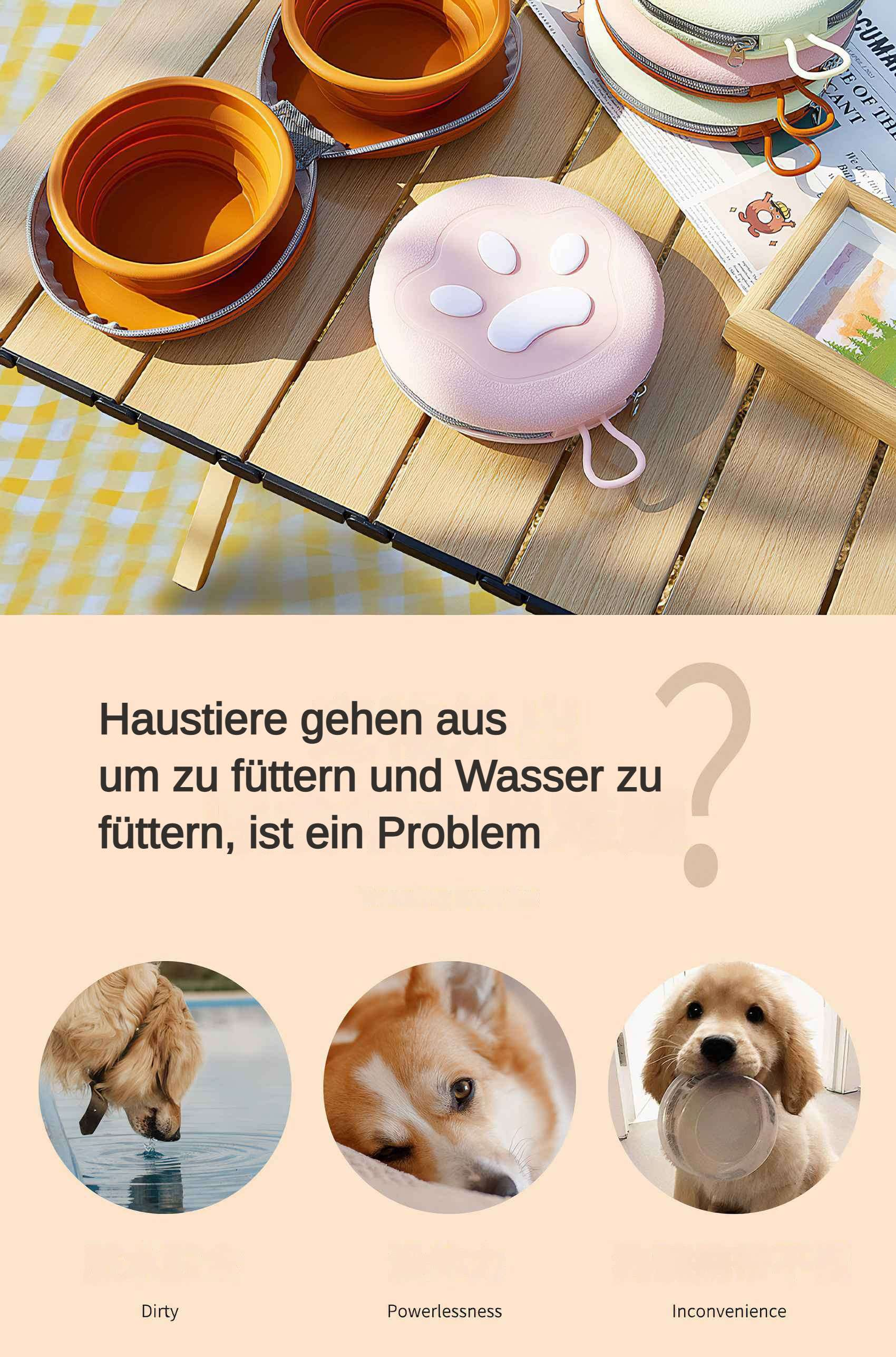 Das Bild zeigt Tierzubehör. Orangefarbene, zusammenklappbare Schalen, eine pinkfarbene Pfotenabdrucktasche und ein Holztisch mit Text und Hundefotos.