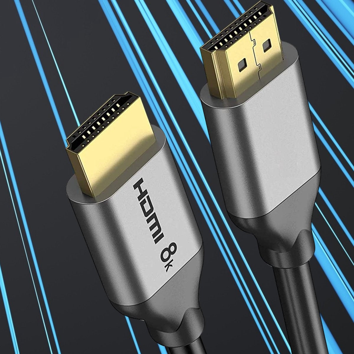 Twee HDMI 8k-kabels met gouden connectoren op een donkerblauwe achtergrond met lichtblauwe lijnen.