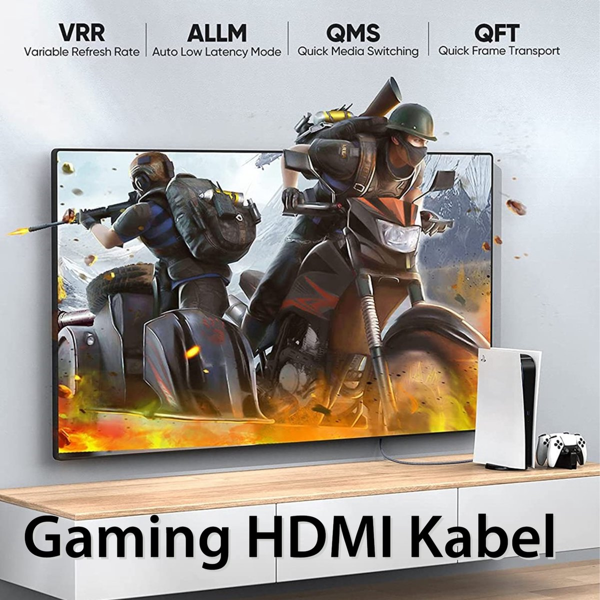 Een tv toont een game-scene met twee personages op voertuigen. Een spelconsole en controller staan op een houten kast.