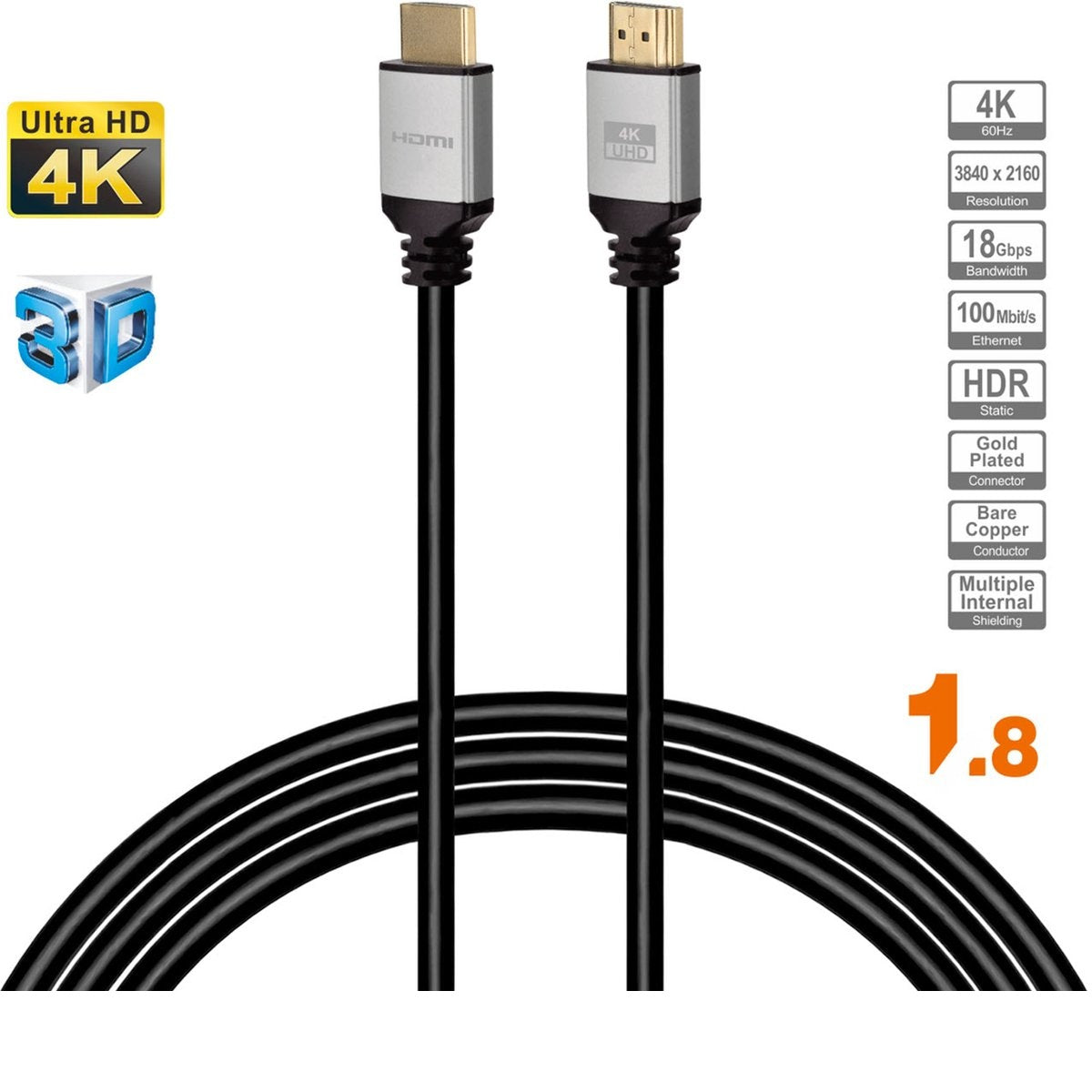 Twee zwarte HDMI-kabels met gouden connectoren. Kenmerken zijn Ultra HD 4K, 3D en specificaties zoals 18 Gbps bandbreedte.