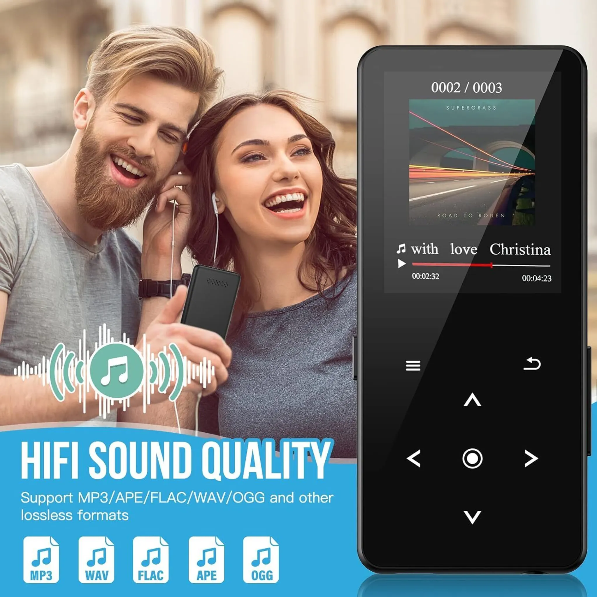 Das Bild zeigt einen Mann und eine Frau, die lächeln und Musik auf einem tragbaren Media-Player hören. Der Player hat einen Bildschirm.
