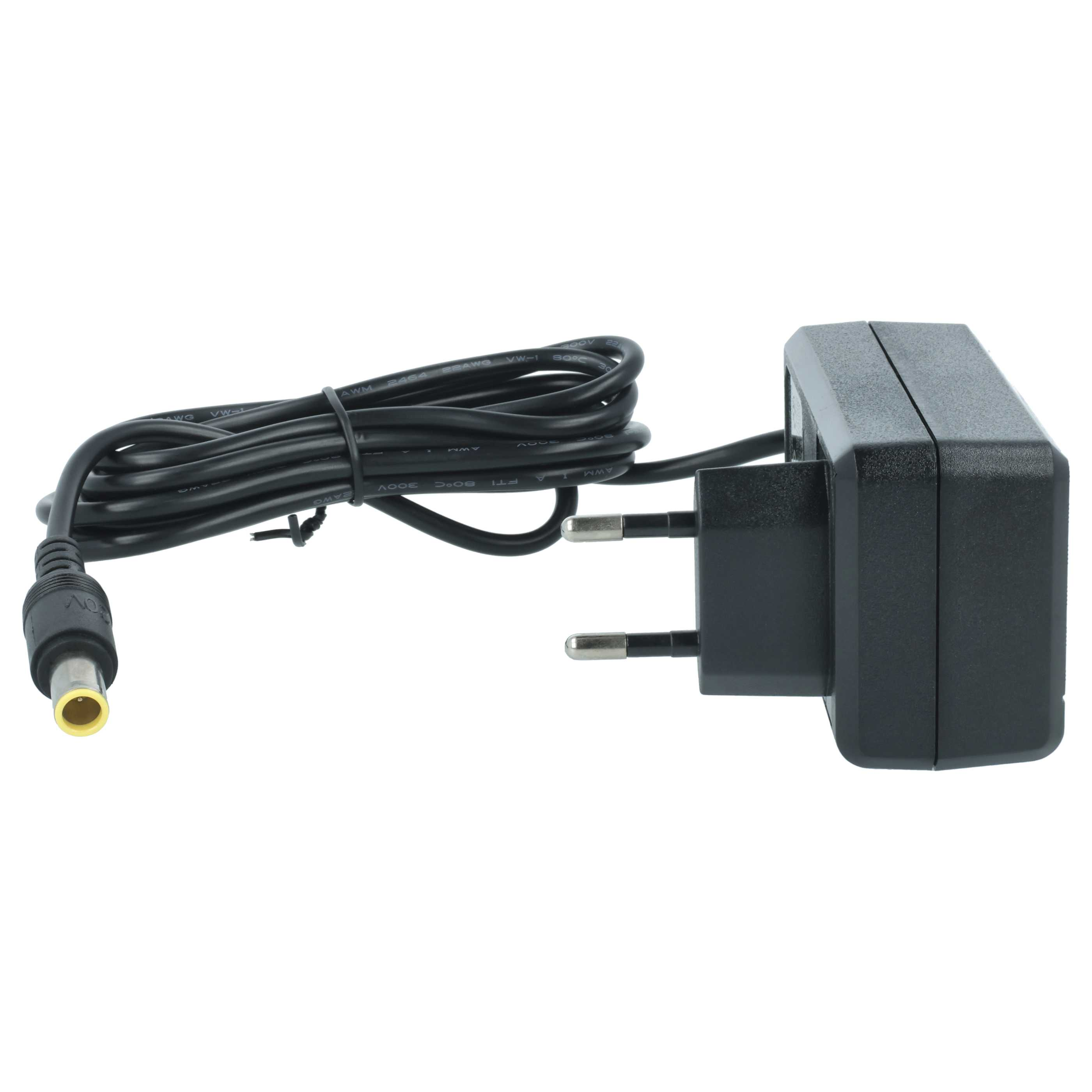 Ein schwarzes Netzteil mit schwarzem Kabel und DC-Anschluss. Der Stecker hat zwei Stifte.