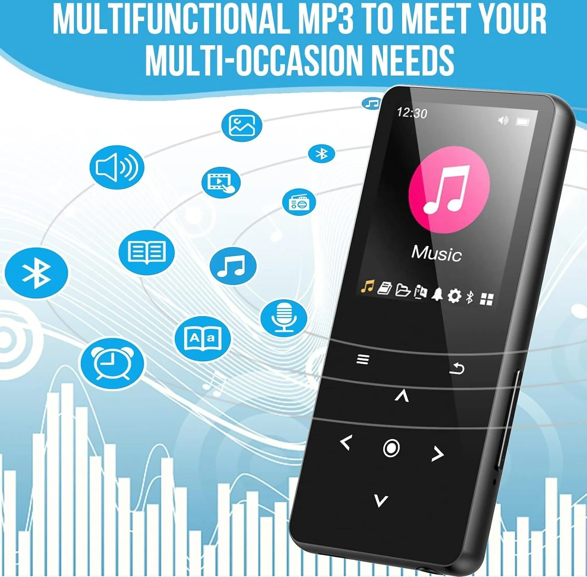 Ein schwarzer MP3-Player zeigt Musik an. Der Bildschirm zeigt ein rosa Musiknoten-Symbol. Blaue Funktionssymbole umgeben den Player.