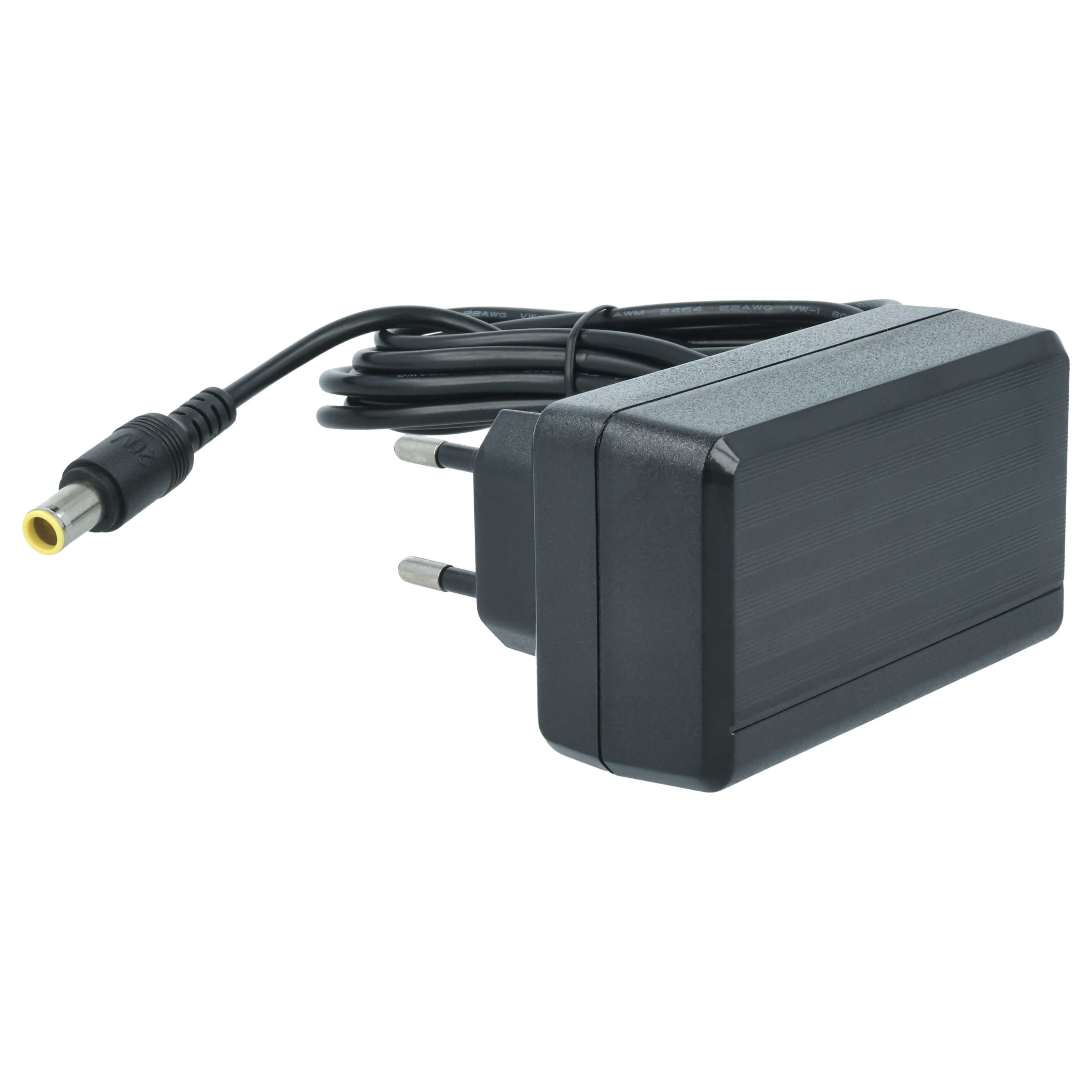 Schwarzer Netzadapter mit Kabel und Stecker. Der Adapter ist rechteckig und hat einen Stecker mit zwei Stiften.