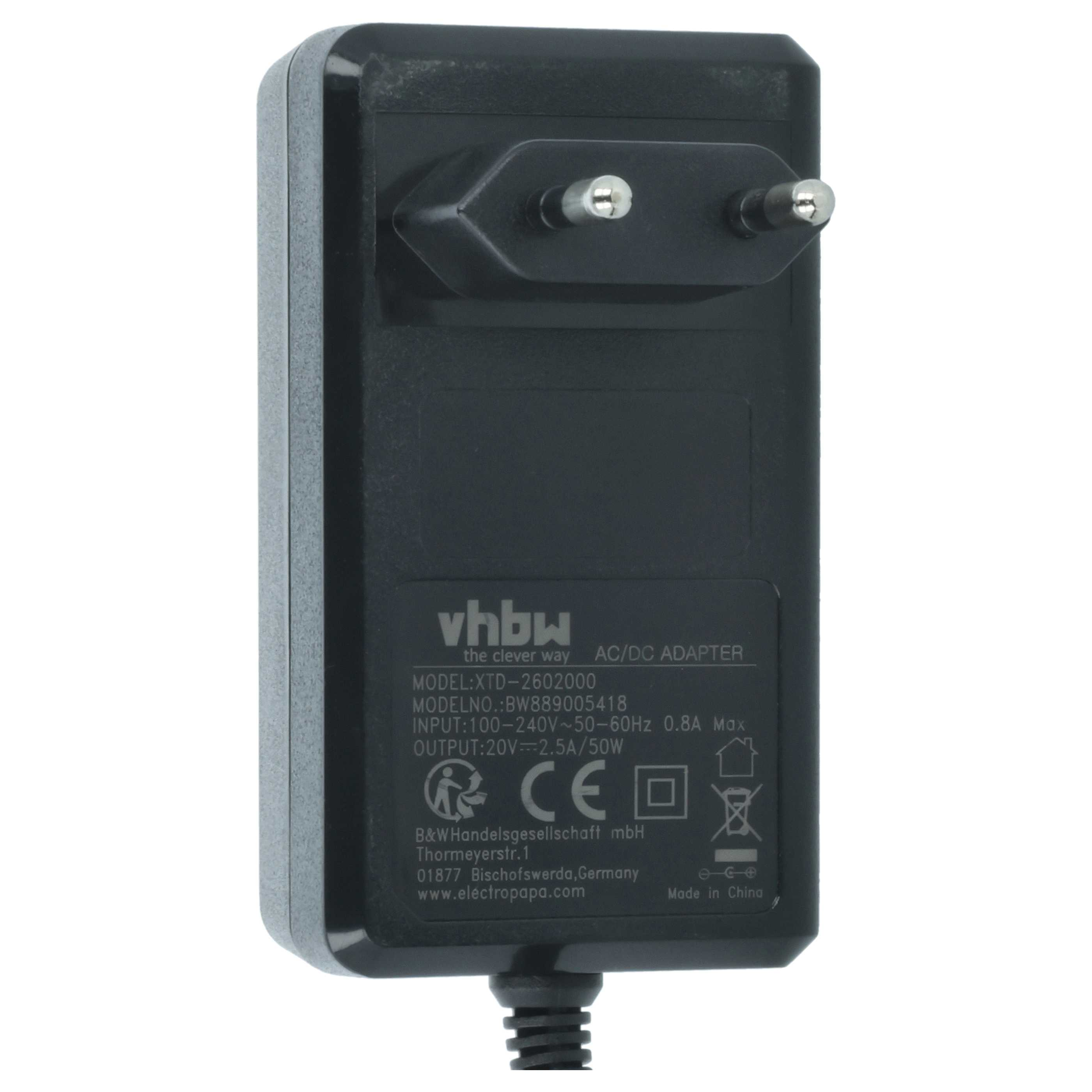 Schwarzer AC/DC-Adapter mit zwei Stiften, Textdetails zum Modell und den Spezifikationen. Ein Kabel ist unten befestigt.
