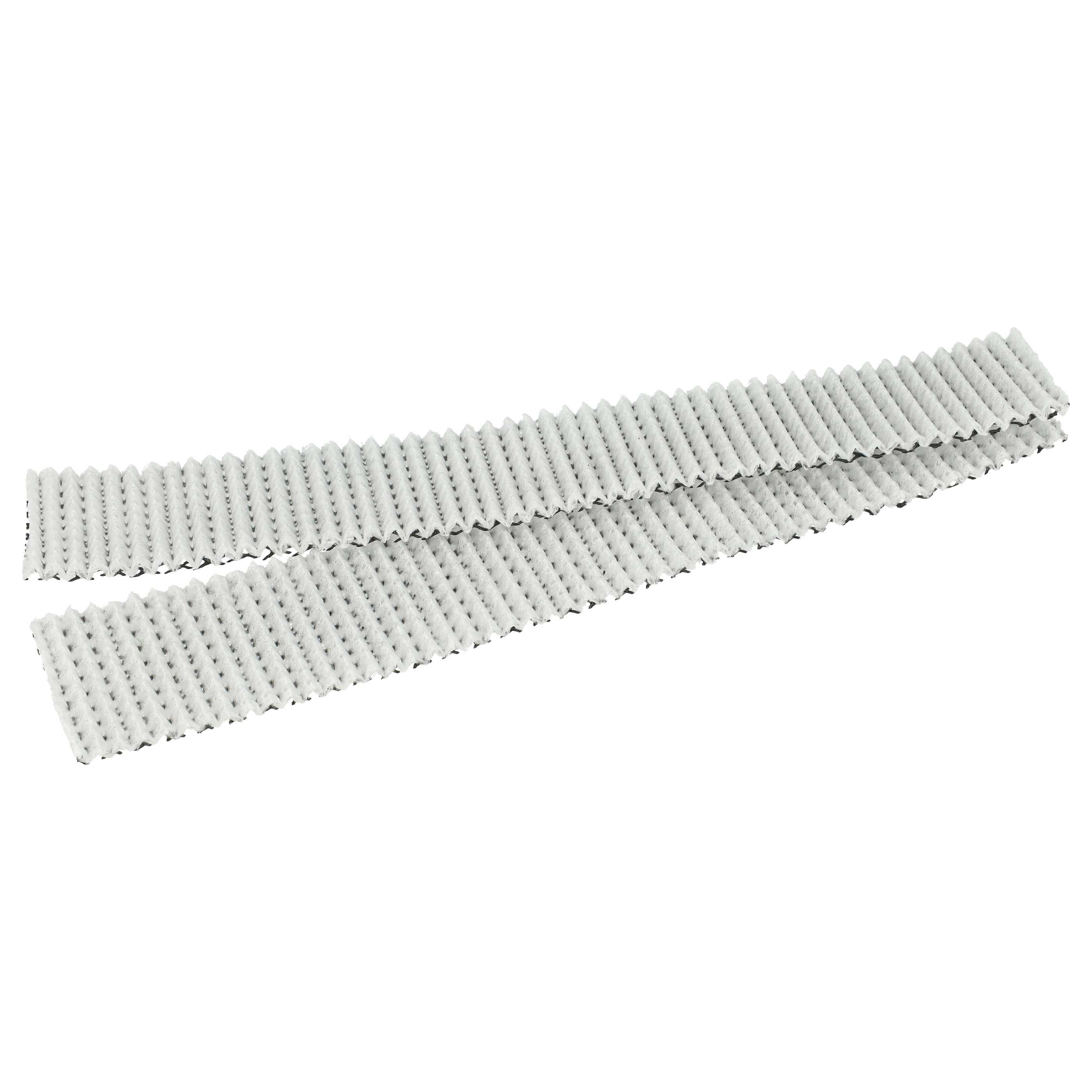 Zwei weiße, wellenförmige Streifen auf weißem Hintergrund. Sie haben ein sich wiederholendes Muster aus kleinen, abgewinkelten Rippen.
