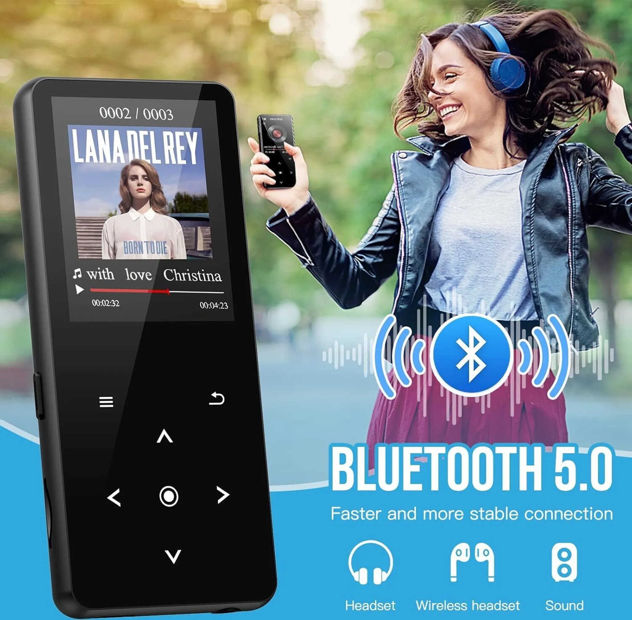 Eine lächelnde Frau mit Kopfhörern und schwarzer Jacke. Ein Musikplayer zeigt das Album von Lana Del Rey. Bluetooth 5.0 wird beworben.