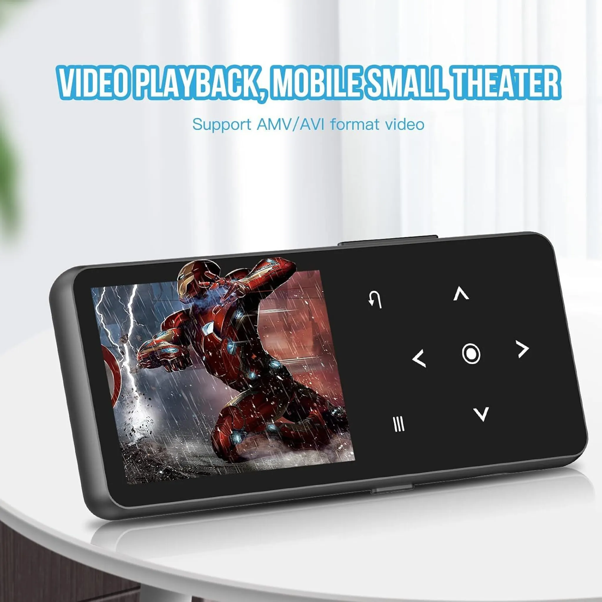 Ein tragbarer Mediaplayer zeigt Iron Man. Text lautet 'Video-Wiedergabe, mobiles kleines Theater'. Bedienelemente befinden sich rechts.