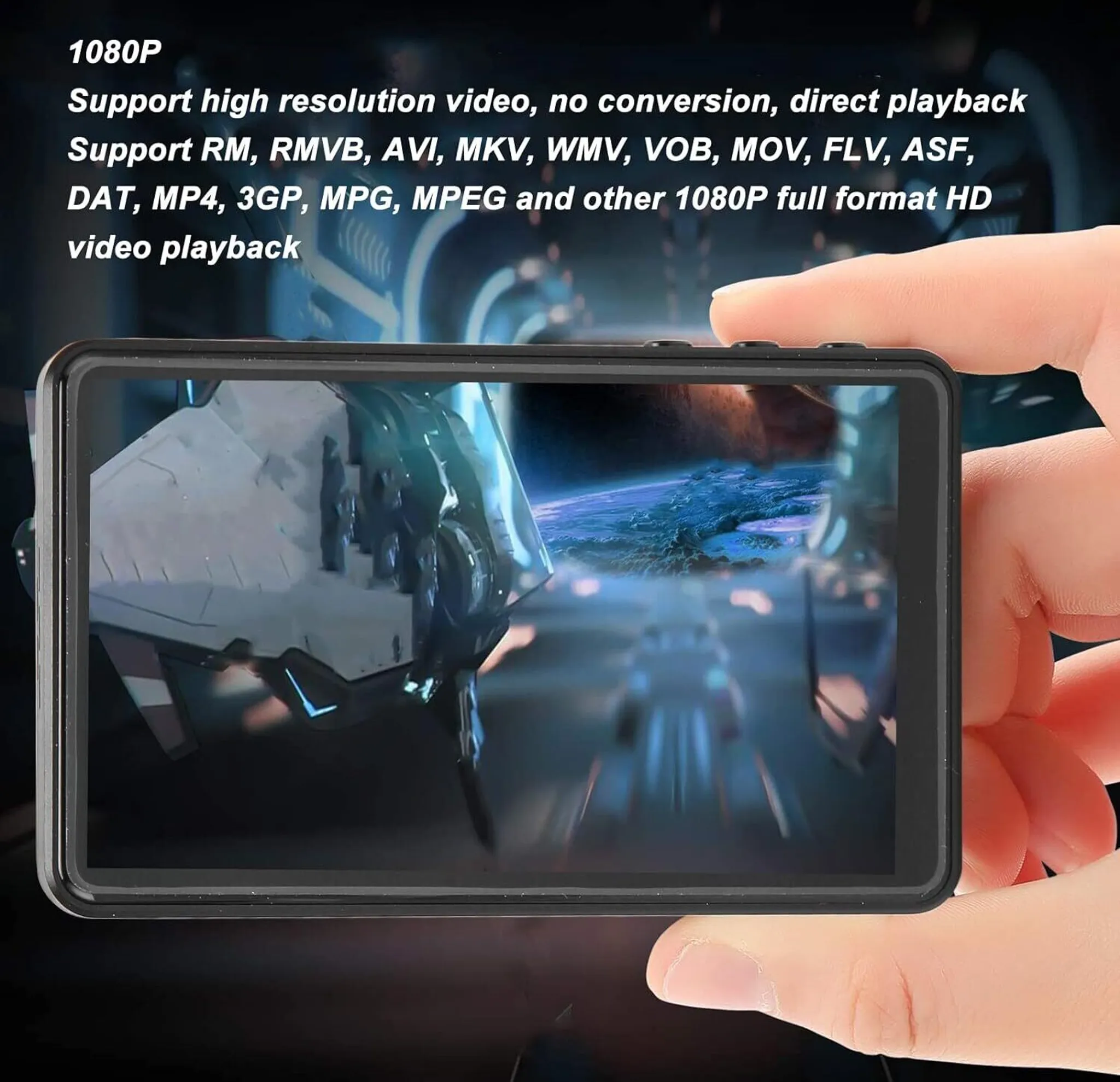 Eine Hand hält einen kleinen Bildschirm, der eine futuristische Szene mit Raumschiffen und Planeten zeigt. Text-Overlay gibt Videoformatunterstützung an.