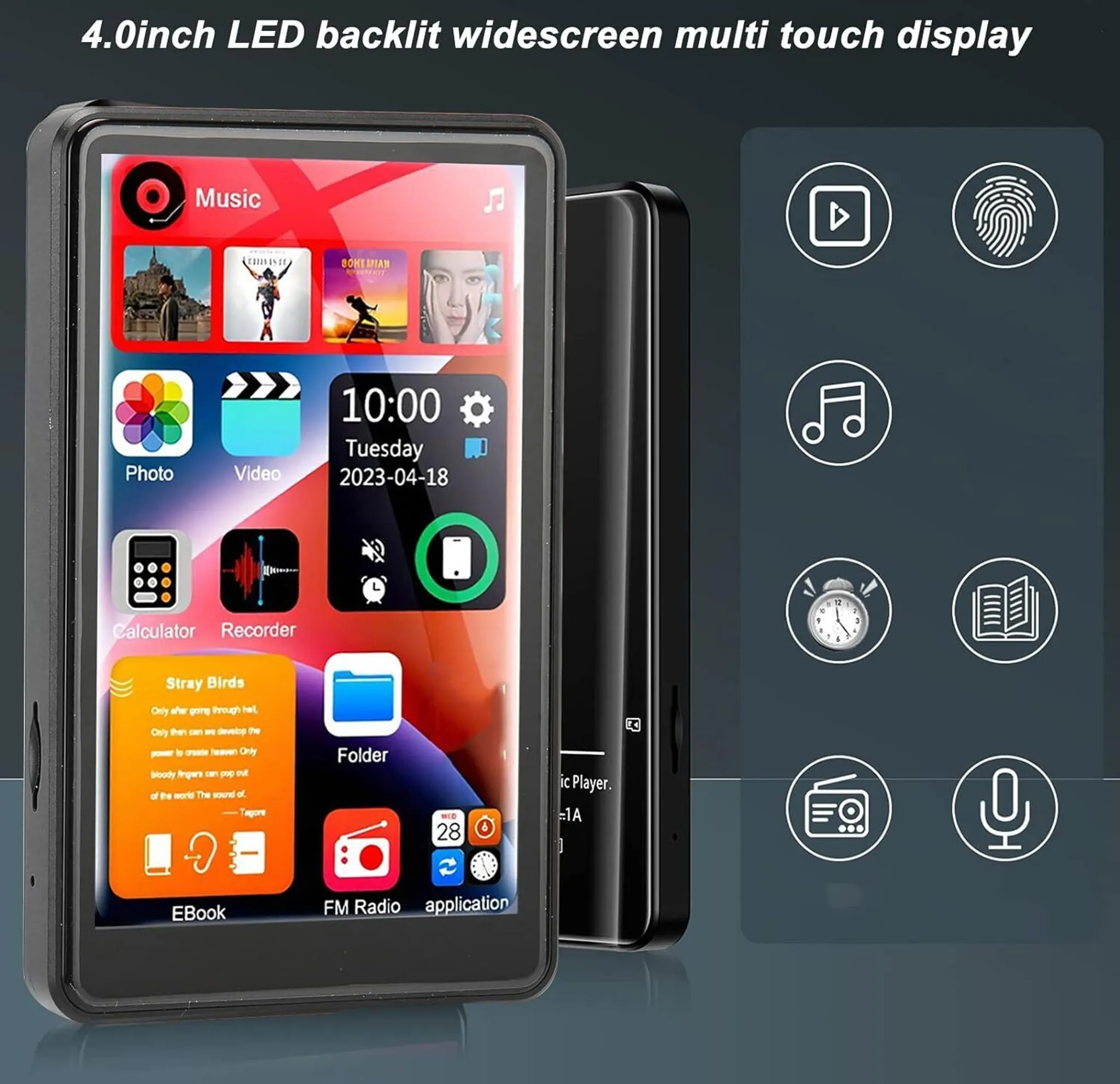 Ein schwarzer MP3-Player mit Touchscreen zeigt Musik-Apps an. Es zeigt Symbole für Video, Foto und andere Funktionen.