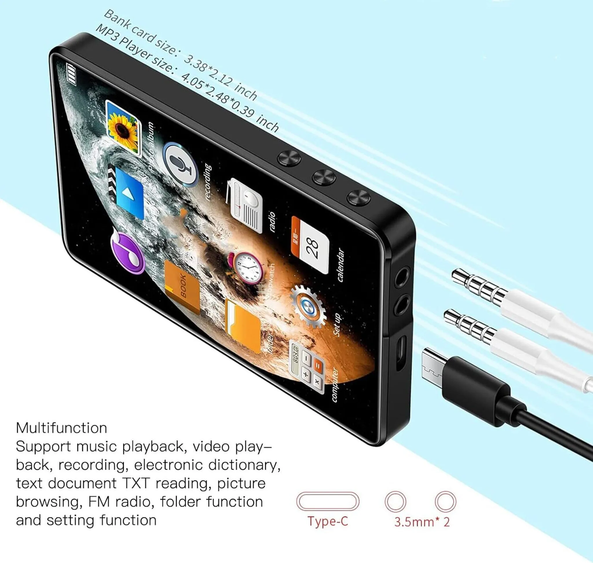 Schwarzer MP3-Player mit Symbolen und Funktionen. Kabel sind angeschlossen. Text beschreibt Multifunktionalität und Wiedergabefunktionen.