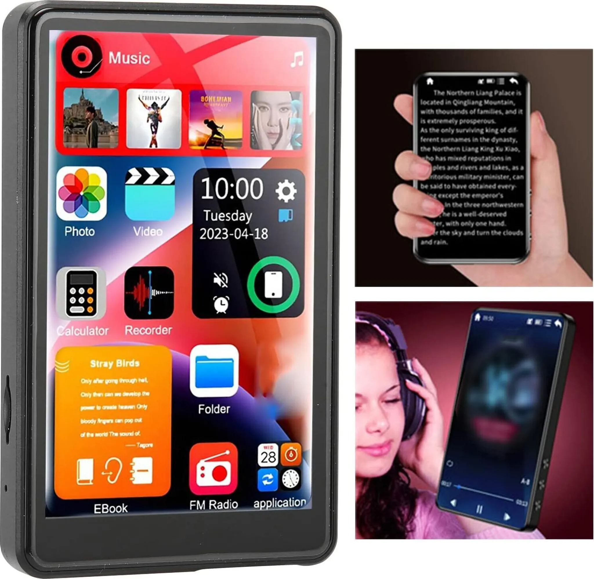 Ein schwarzer MP3-Player zeigt Apps: Musik, Foto, Video, Taschenrechner, Rekorder, E-Book, UKW-Radio und eine Uhr. Eine Hand hält den Player.