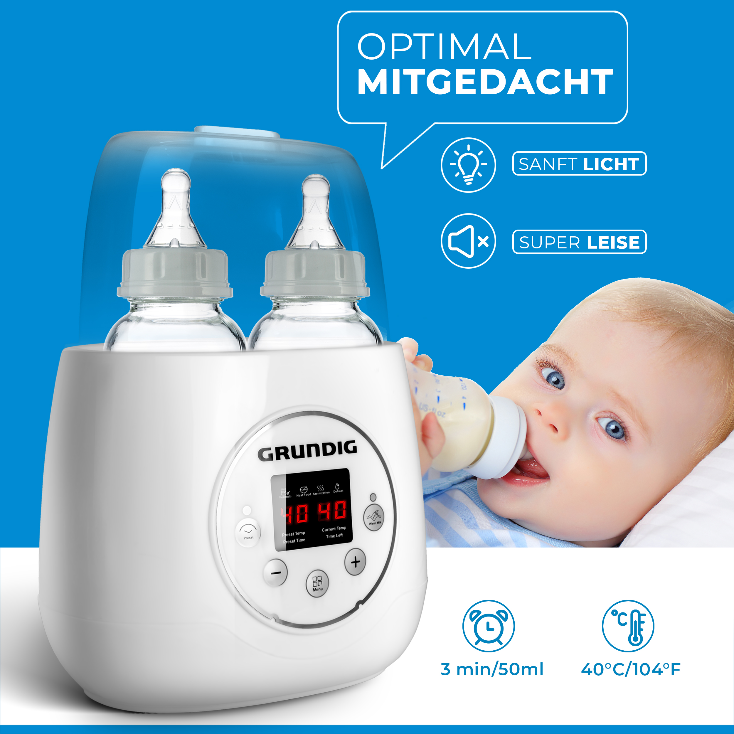 Babyflaschenwärmer mit zwei Flaschen, Baby trinkt aus einer Flasche, Text über Temperatur und Zeit.
