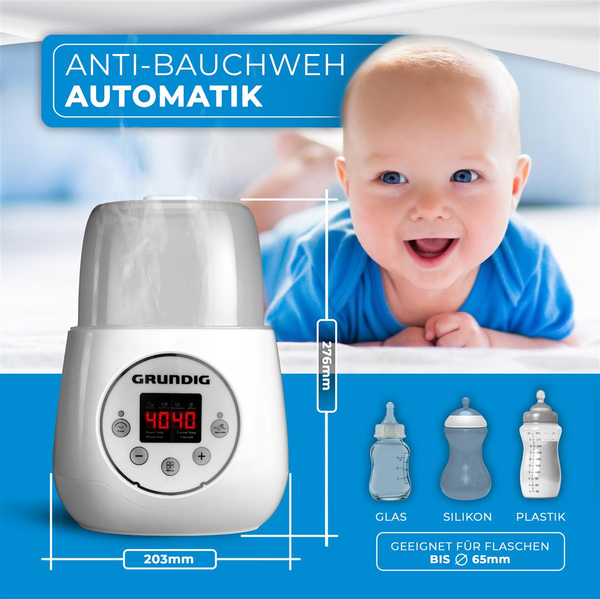 Ein Baby lächelt in der Nähe eines weißen Flaschenwärmers. Der Text lautet 'ANTI-BAUCHWEH AUTOMATIK'. Außerdem werden Glas-, Silikon- und Plastikflaschen gezeigt.
