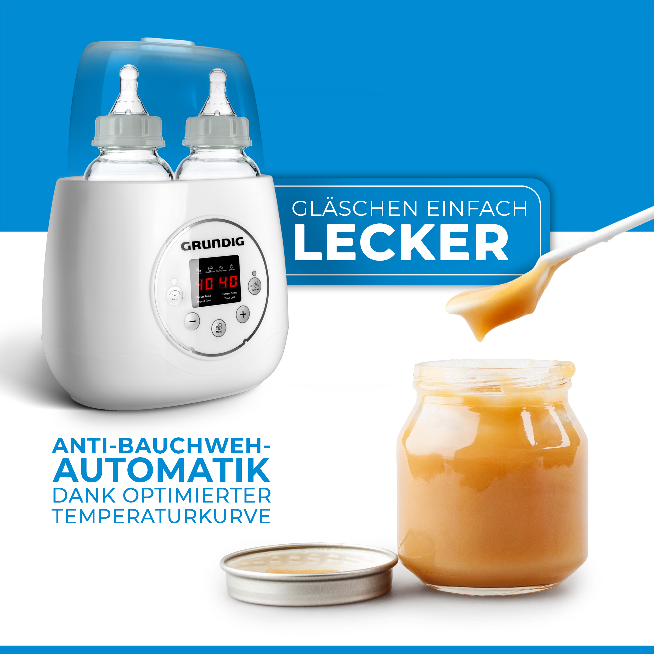 Weißer Grundig Babyflaschenwärmer mit zwei Flaschen, Babygläschen, Löffel und Text: Anti-Bauchweh-Automatik.