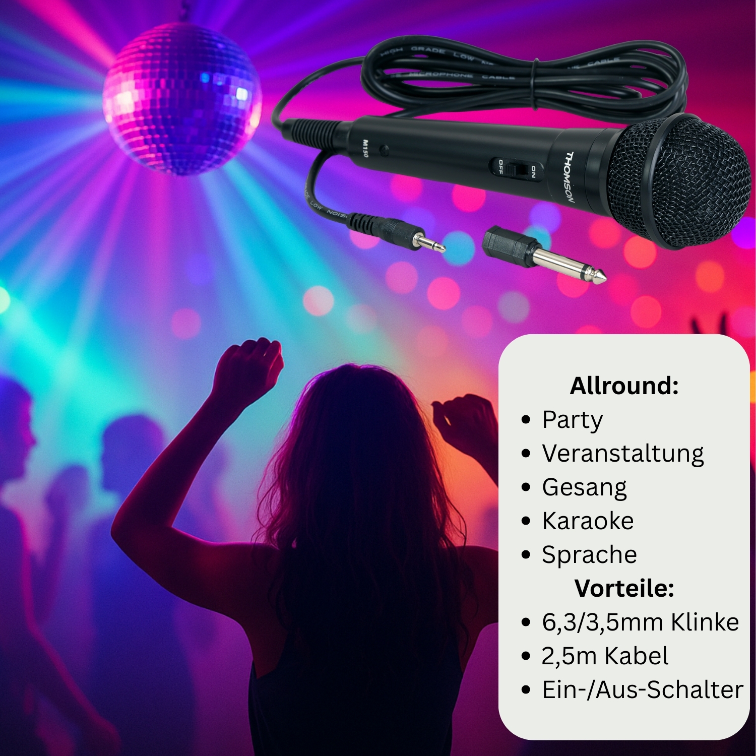 Ein schwarzes Thomson-Mikrofon mit Kabel, eine Discokugel und eine tanzende Person auf einer Party mit einer Liste von Funktionen.