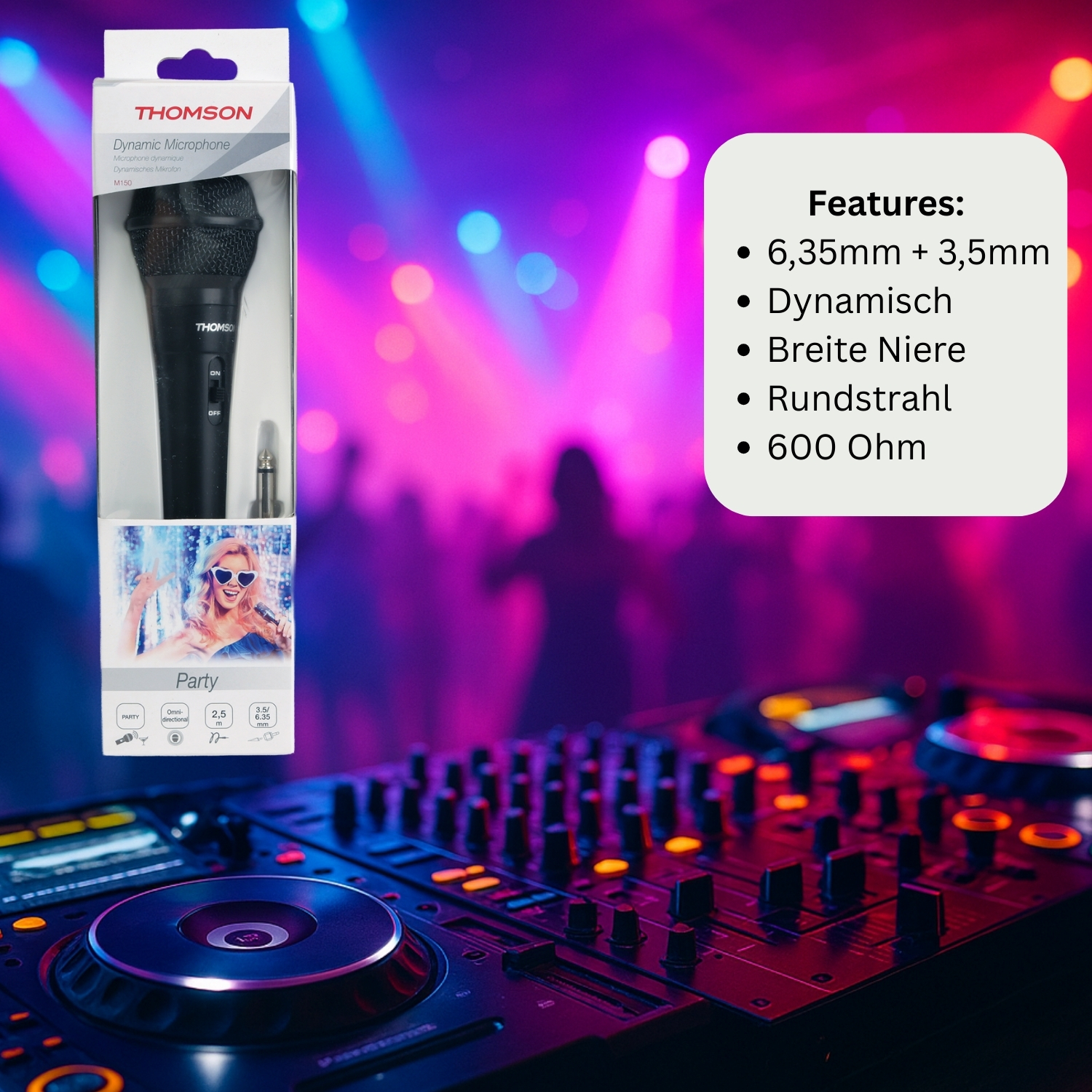 Ein Thomson-Dynamikmikrofon in der Verpackung ist abgebildet. Im Vordergrund befindet sich ein DJ-Mixer, im Hintergrund eine verschwommene Partyszene.