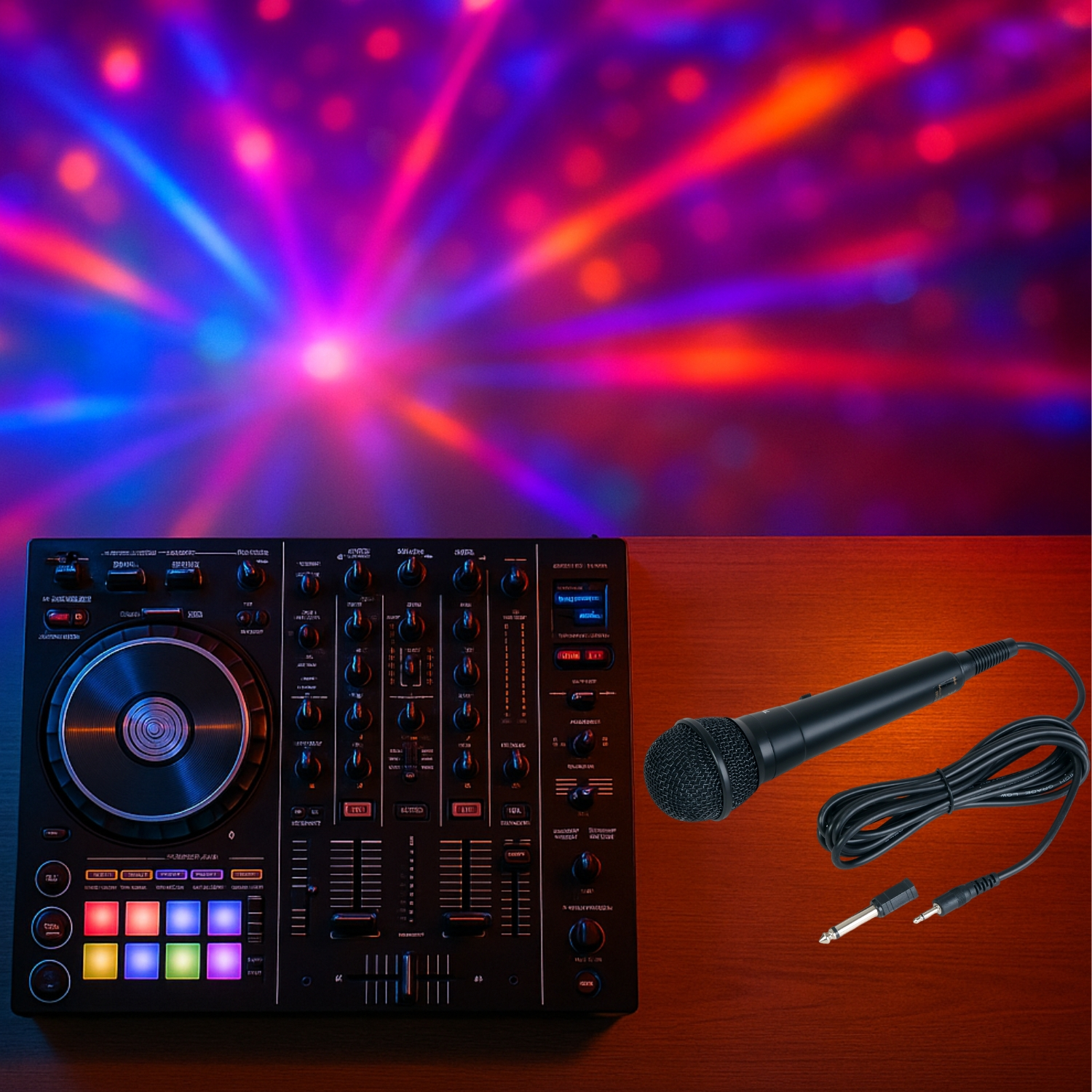 Ein DJ-Setup auf einer Holzoberfläche. Beinhaltet einen DJ-Mixer, ein Mikrofon und einen Hintergrund aus bunten Bühnenlichtern.