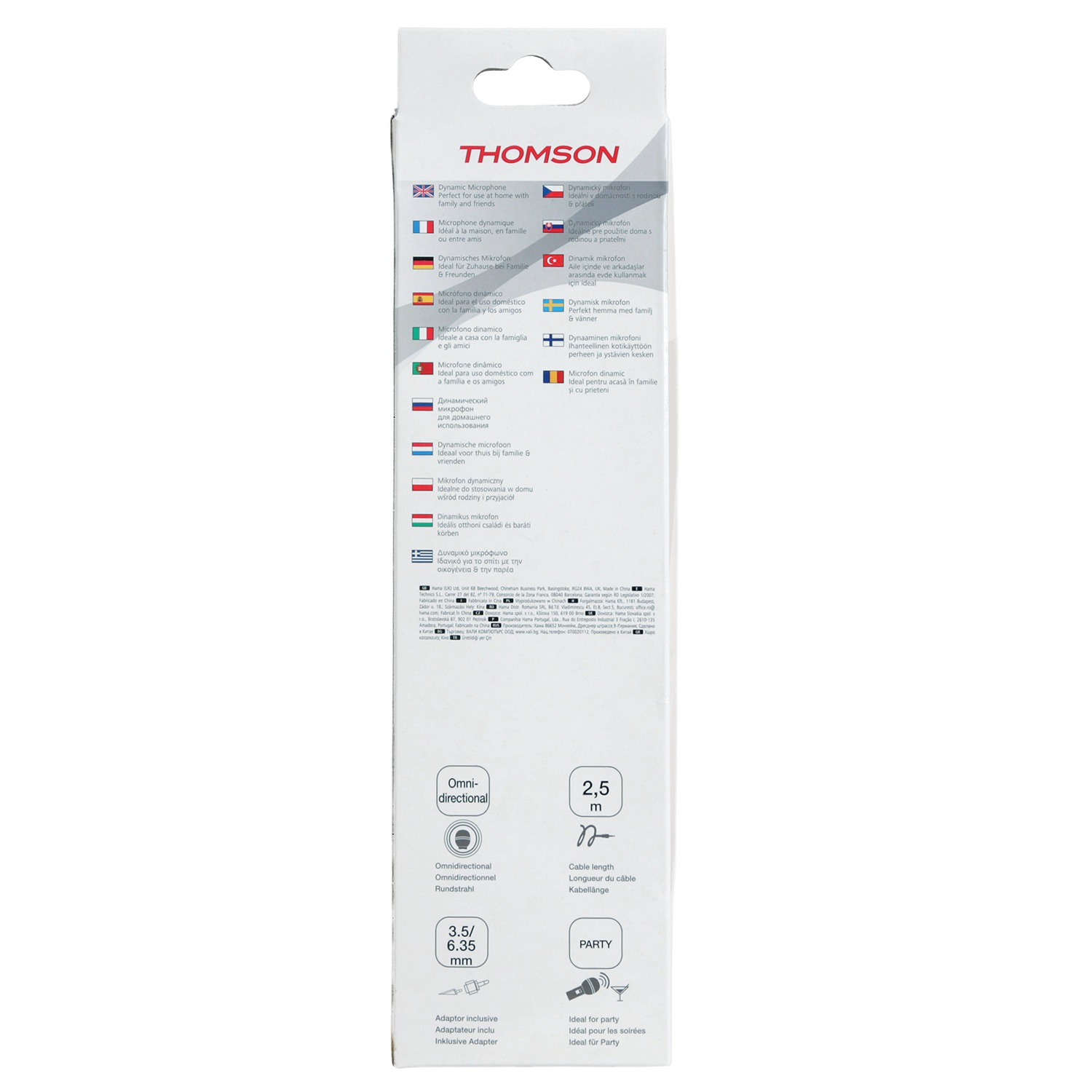Weiße Produktverpackung mit Thomson-Logo, Text in mehreren Sprachen und Symbolen für Mikrofon und Party.