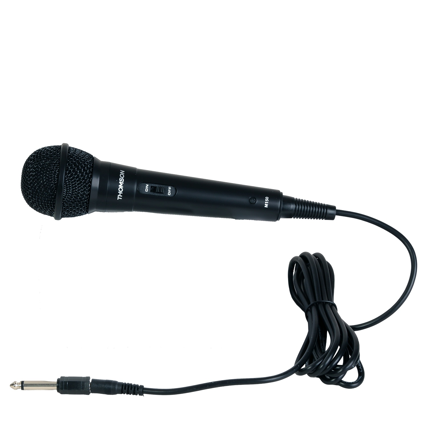 Ein schwarzes Thomson-Mikrofon mit Kabel und Klinke auf weißem Hintergrund. Das Mikrofon ist mit M150 gekennzeichnet und hat einen Ein-/Ausschalter.