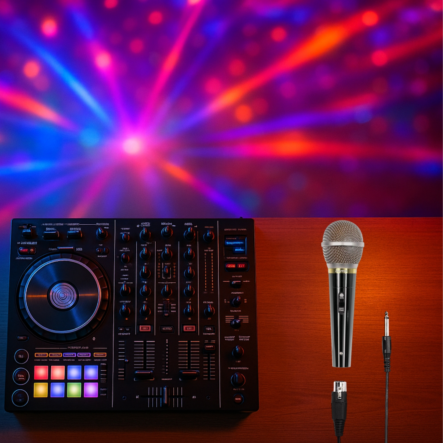 Un mixer per DJ e un microfono sono su una superficie di legno. Luci colorate sul palco sullo sfondo.