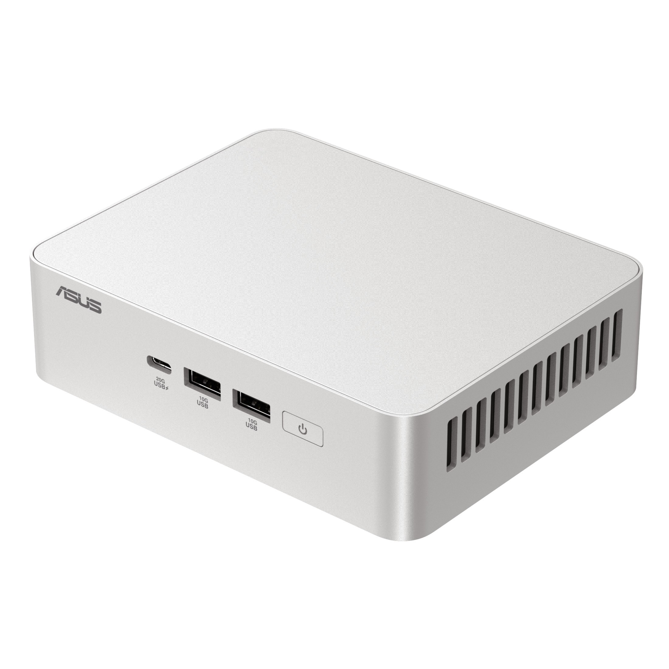 Ein silberner ASUS Mini-PC. Er hat USB-Anschlüsse, einen Einschaltknopf und eine Lüftung. Der Hintergrund ist weiß.