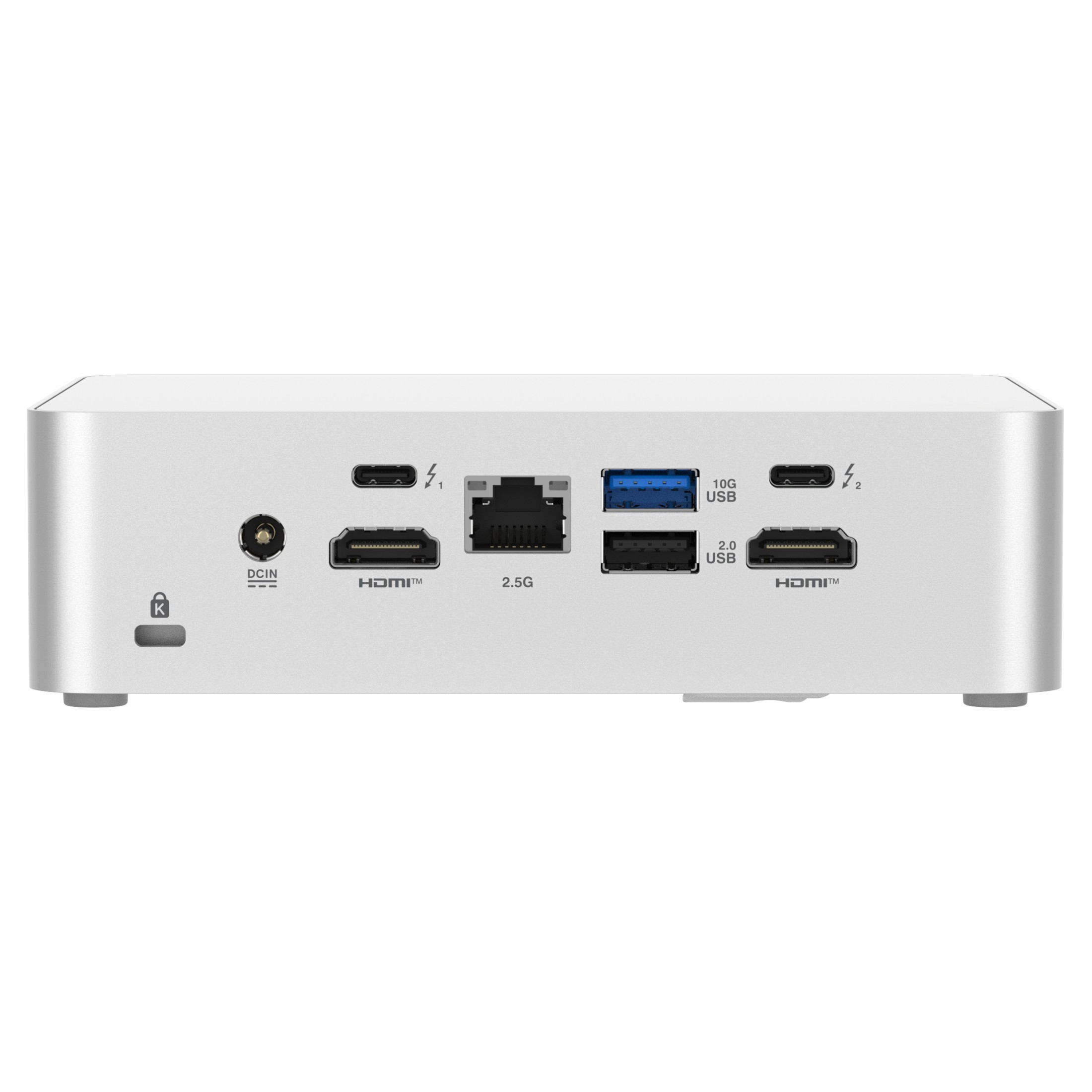 Silberne Dockingstation mit mehreren Anschlüssen, darunter HDMI, USB und Thunderbolt. Es hat einen Schlosssteckplatz und einen DCIN-Anschluss.