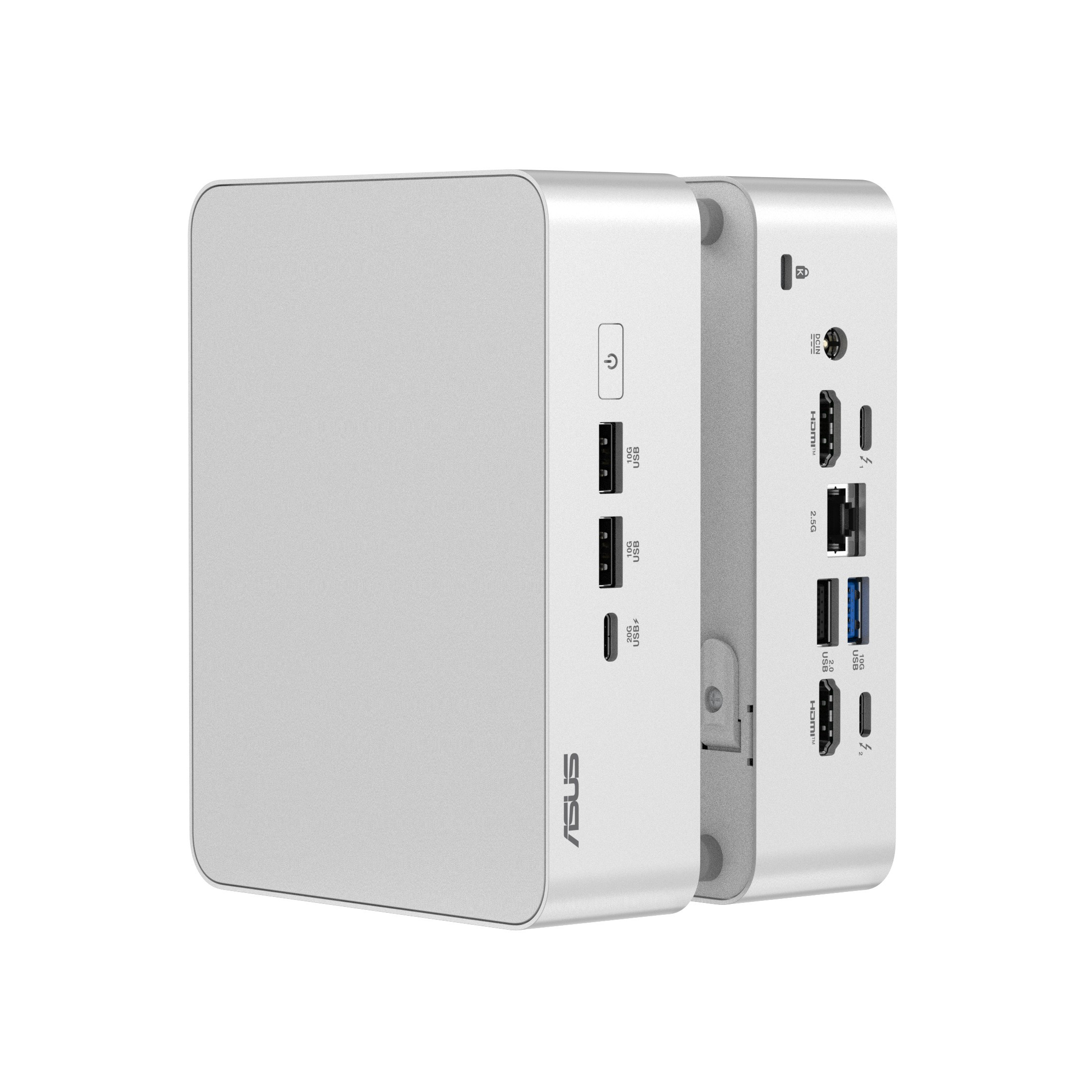 Zwei silberne ASUS Mini-PCs. Einer zeigt Anschlüsse: USB, HDMI, Strom und einen Einschaltknopf. Weißer Hintergrund.
