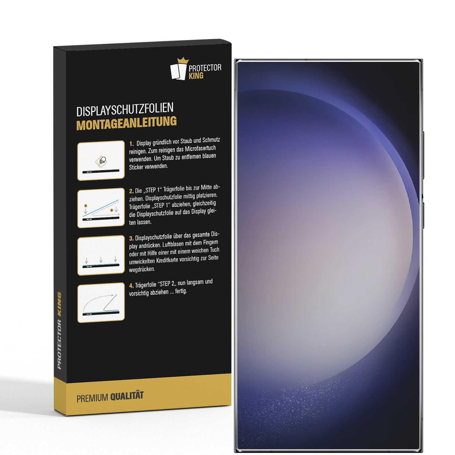 Eine Verpackung für einen Displayschutz mit Anweisungen. Rechts ist ein Telefon. Die Box zeigt Anwendungsschritte.