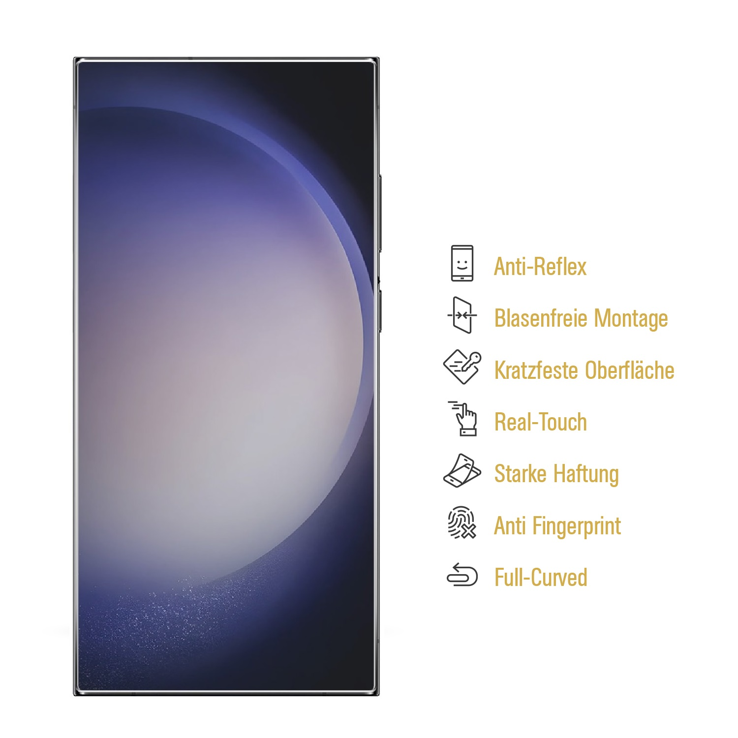 Smartphone-Bildschirm mit Farbverlauf von Lila und Blau. Icons listen Funktionen auf: Anti-Reflex, blasenfreie Montage, kratzfest, Real-Touch, starker Halt, Anti-Fingerprint, Full-Curved.