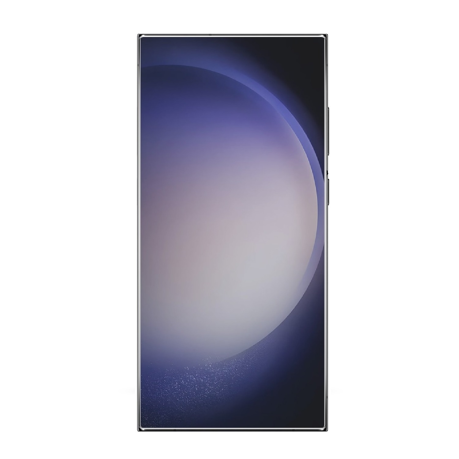 Ein modernes Smartphone mit einem gewölbten Bildschirm, der einen Farbverlauf aus Lila, Grau und Blau zeigt. Das Telefon steht vor weißem Hintergrund.