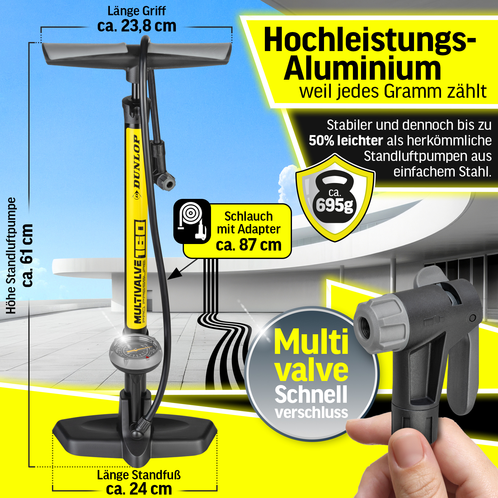 Eine Fahrradpumpe in gelb-schwarzem Design. Das Bild enthält Text, der die Eigenschaften und Abmessungen der Pumpe beschreibt.