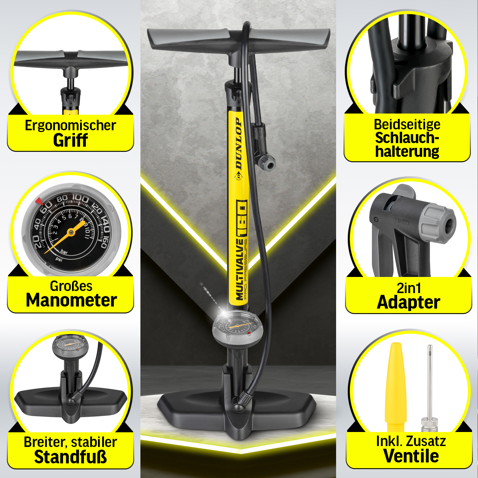Eine gelb-schwarze Dunlop-Fahrradpumpe mit Manometer, ergonomischem Griff und 2-in-1-Adapter.