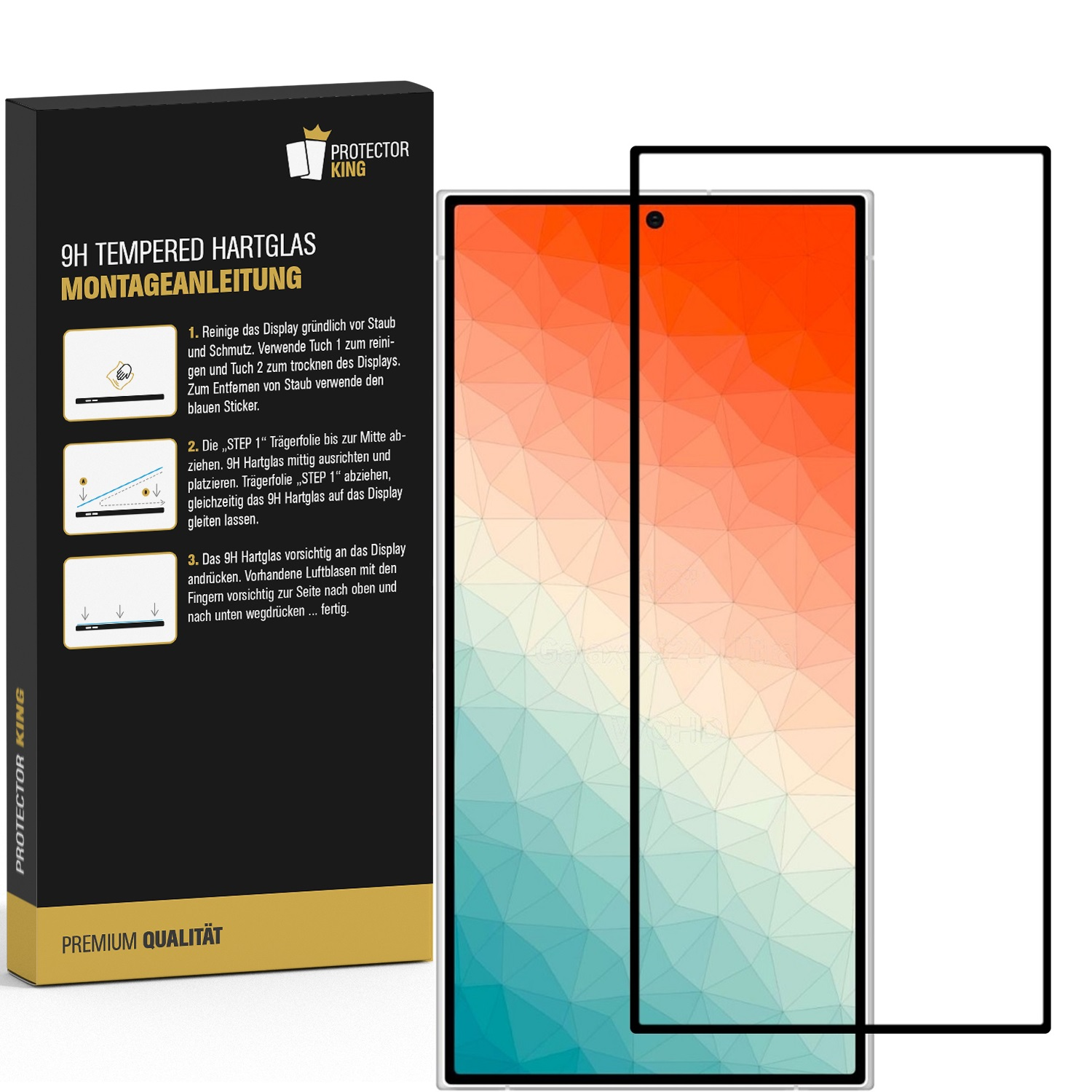 Schachtel mit Displayschutzfolie, Anweisungen und einem Telefonbildschirm mit angebrachtem Schutz.
