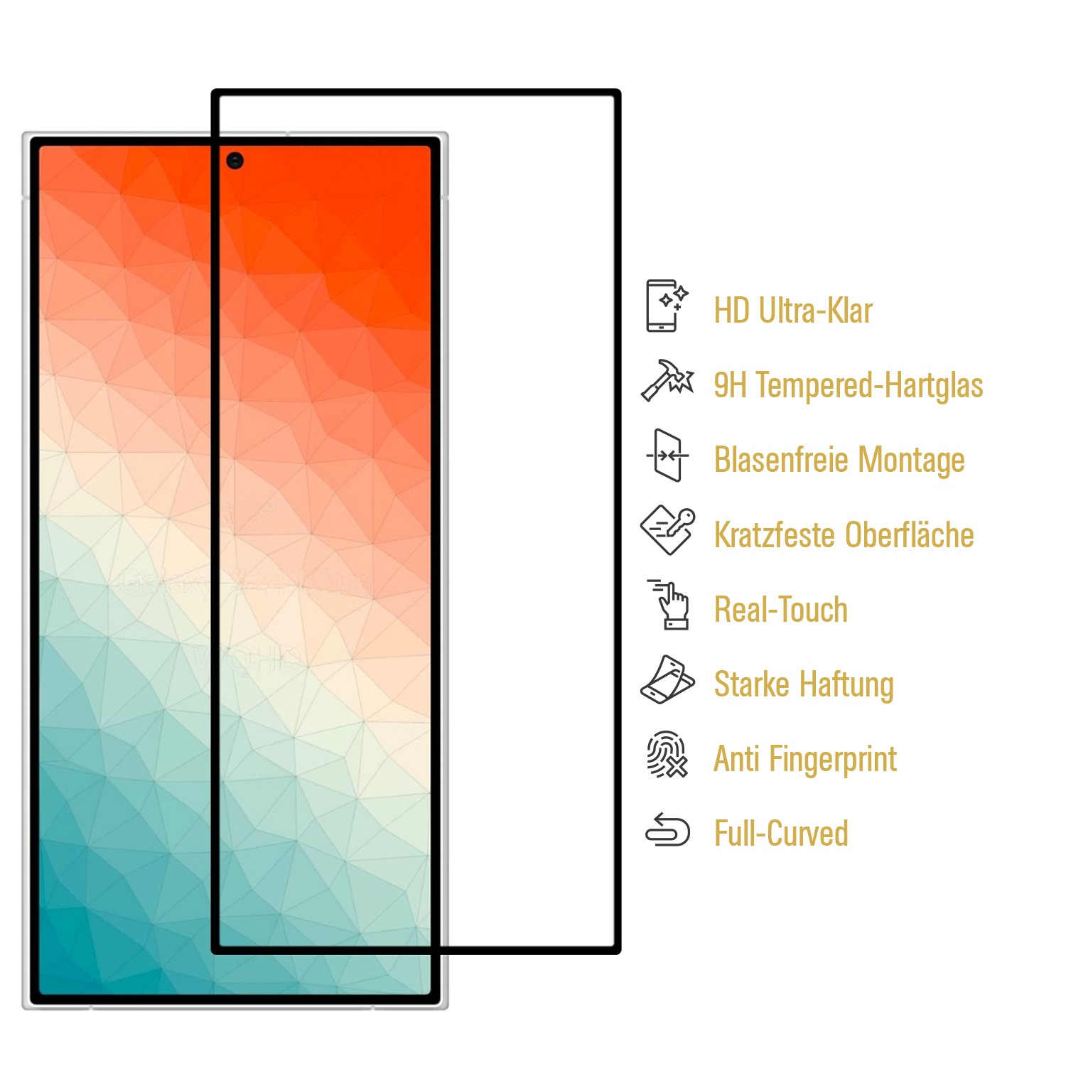 Ein Displayschutz mit Funktionen wie HD-Klarheit, gehärtetem Glas und Anti-Fingerprint. Das Telefondisplay zeigt ein geometrisches Muster.