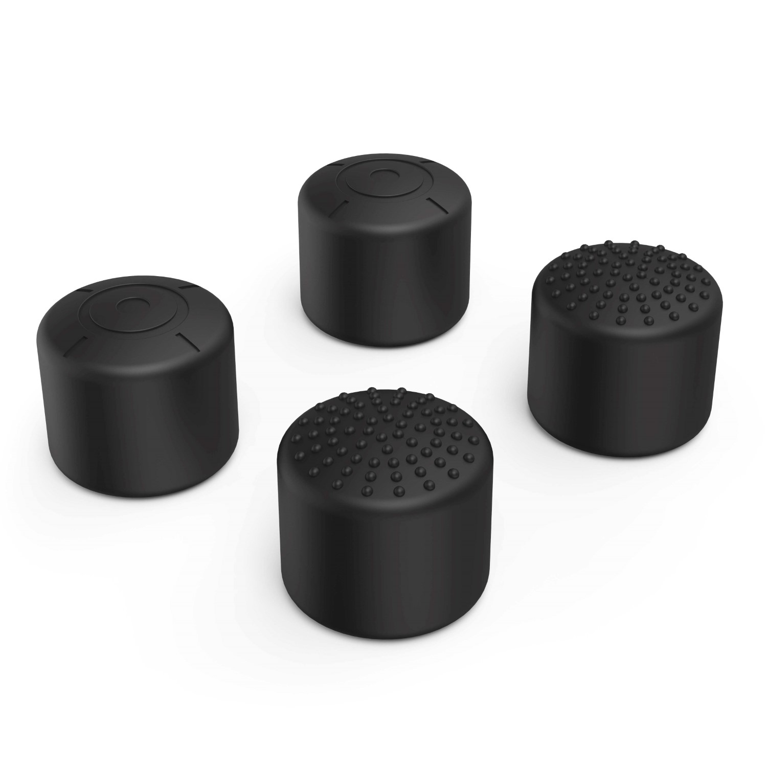 Vier schwarze, zylindrische Objekte mit abgerundeten Oberseiten. Zwei haben strukturierte Oberflächen, zwei glatte mit rundem Design.