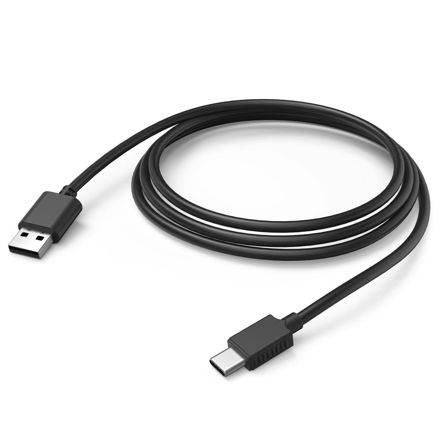Ein schwarzes USB-C-zu-USB-A-Kabel auf weißem Hintergrund. Das Kabel ist aufgerollt und zeigt beide Anschlüsse.