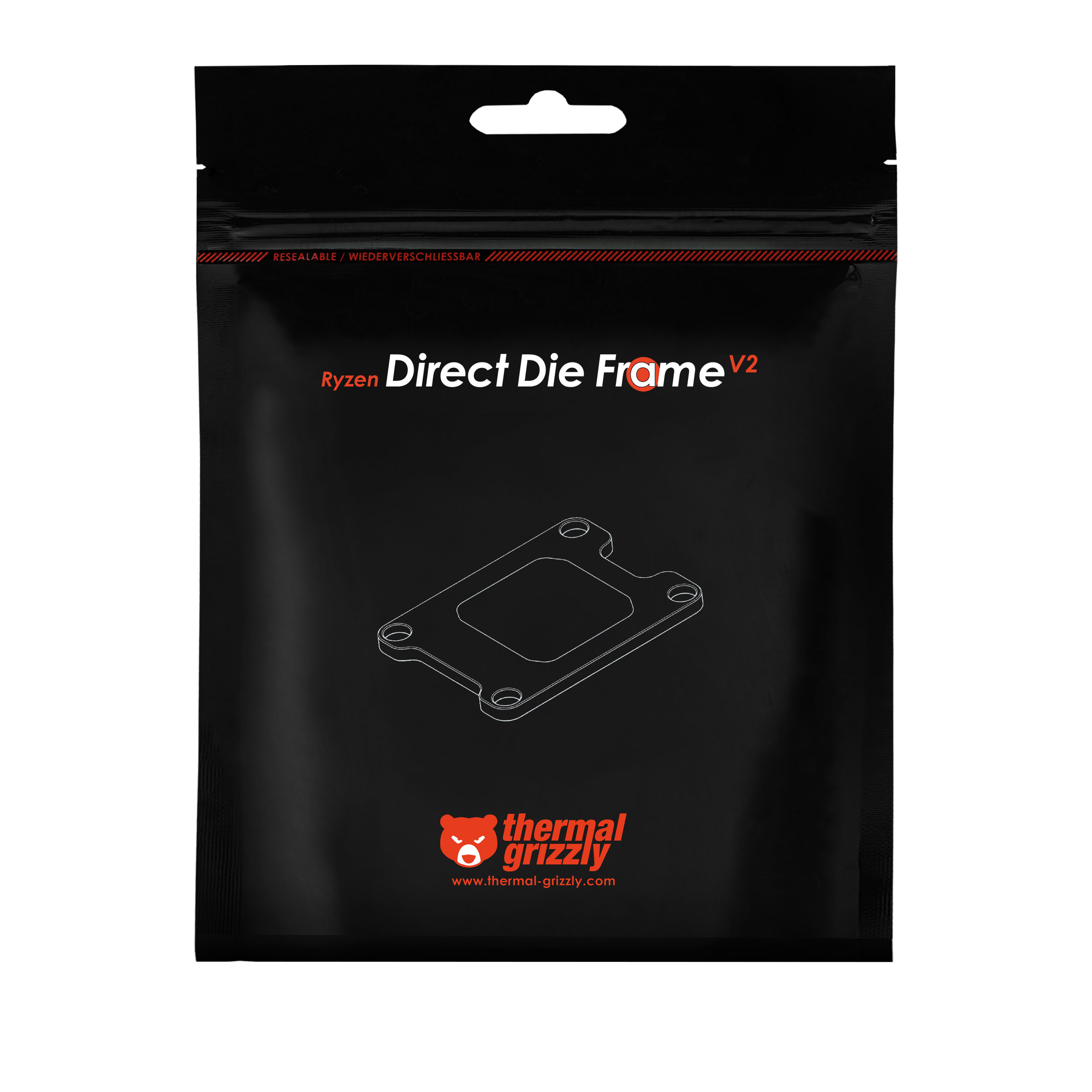 Schwarze Verpackung mit "Ryzen Direct Die Frame V2" und einer Rahmenillustration. Darunter das Logo "thermal grizzly".