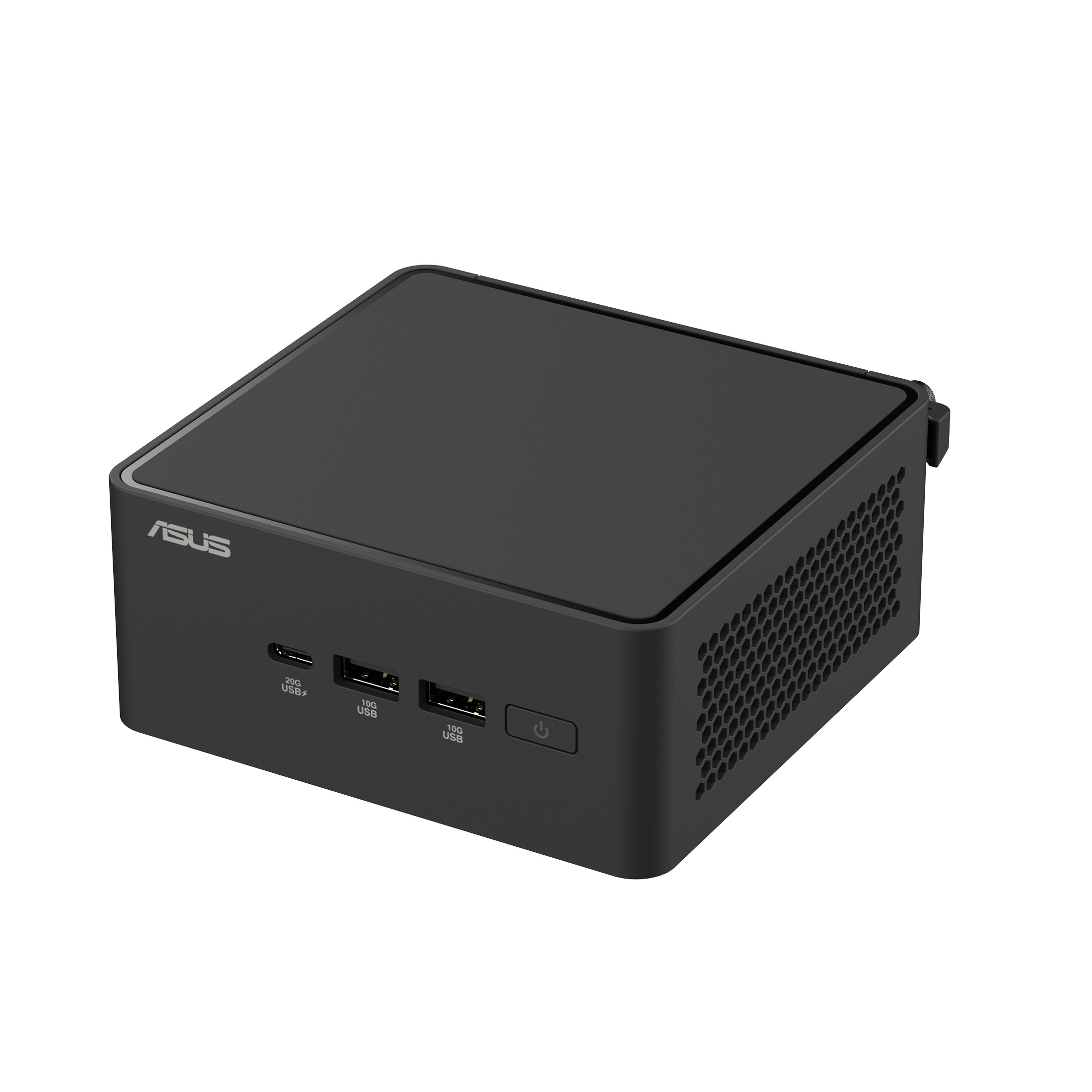 Ein schwarzer ASUS Mini-PC. Die Vorderseite hat USB-Anschlüsse und einen Einschaltknopf. Die rechte Seite hat Lüftungslöcher.