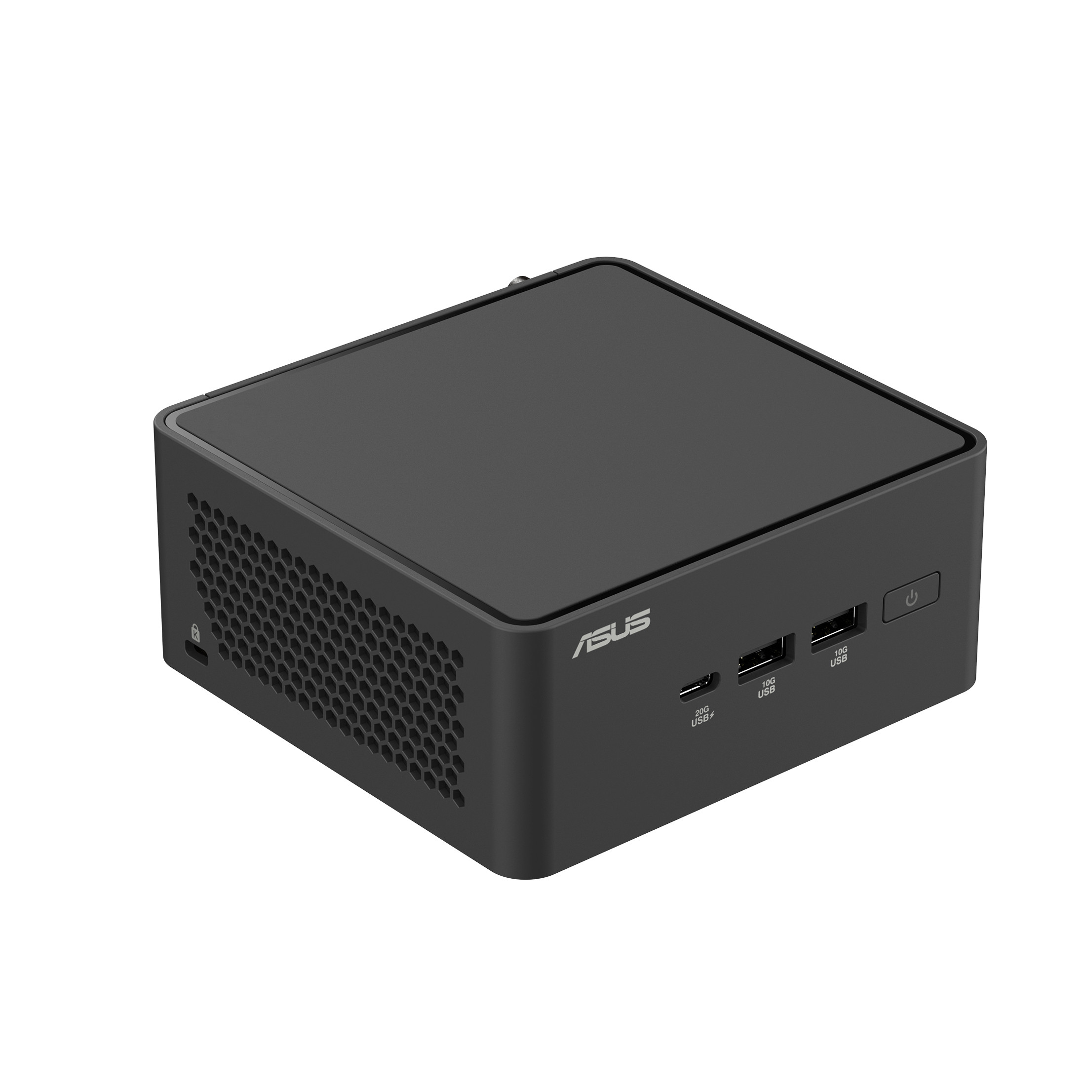 Ein dunkelgrauer ASUS Mini-PC auf weißem Hintergrund. Es hat mehrere Anschlüsse und das ASUS-Logo.