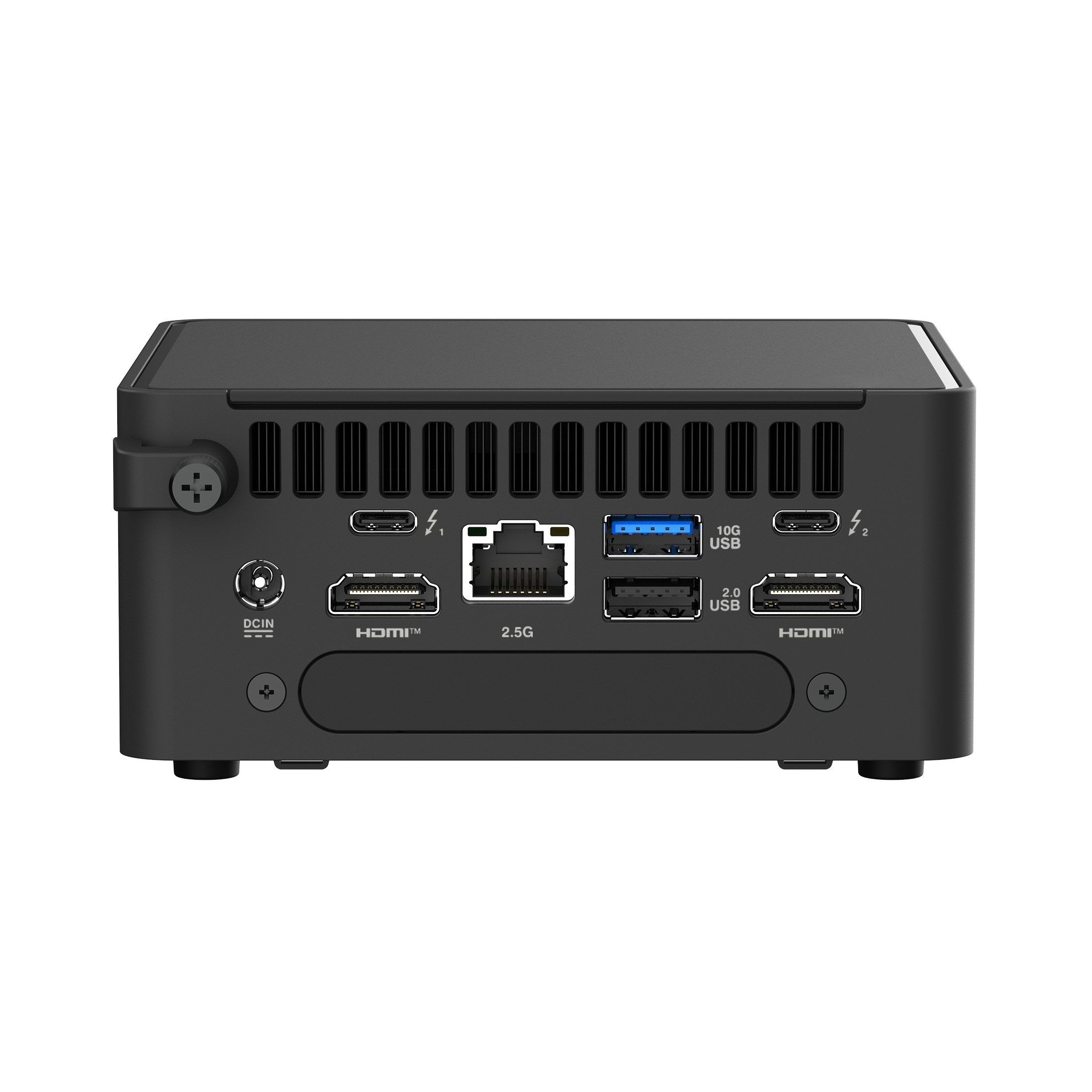 Ein schwarzer Mini-Computer mit mehreren Anschlüssen und Lüftungsschlitzen vor weißem Hintergrund. Die Anschlüsse umfassen HDMI, USB und Ethernet.