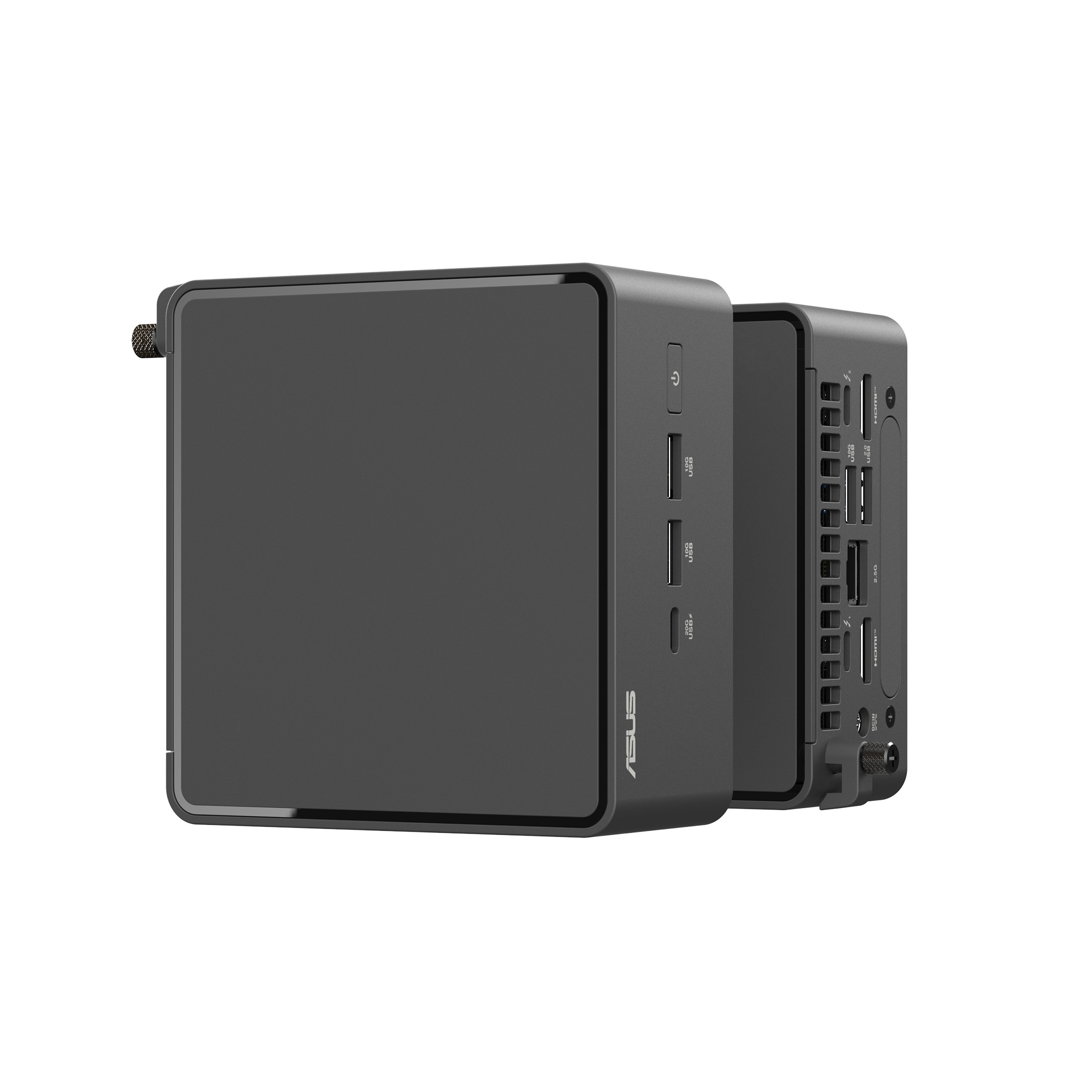 Zwei dunkelgraue ASUS-Mini-PCs. Einer steht vorne und zeigt Anschlüsse und das ASUS-Logo. Der andere ist dahinter.